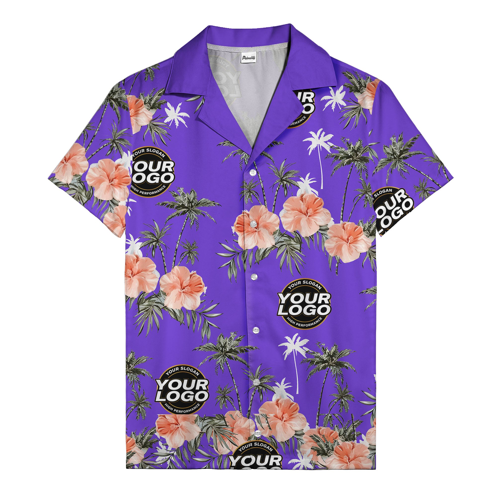 coral pink hibiscus & palm trees on black hawaiian shirt for men