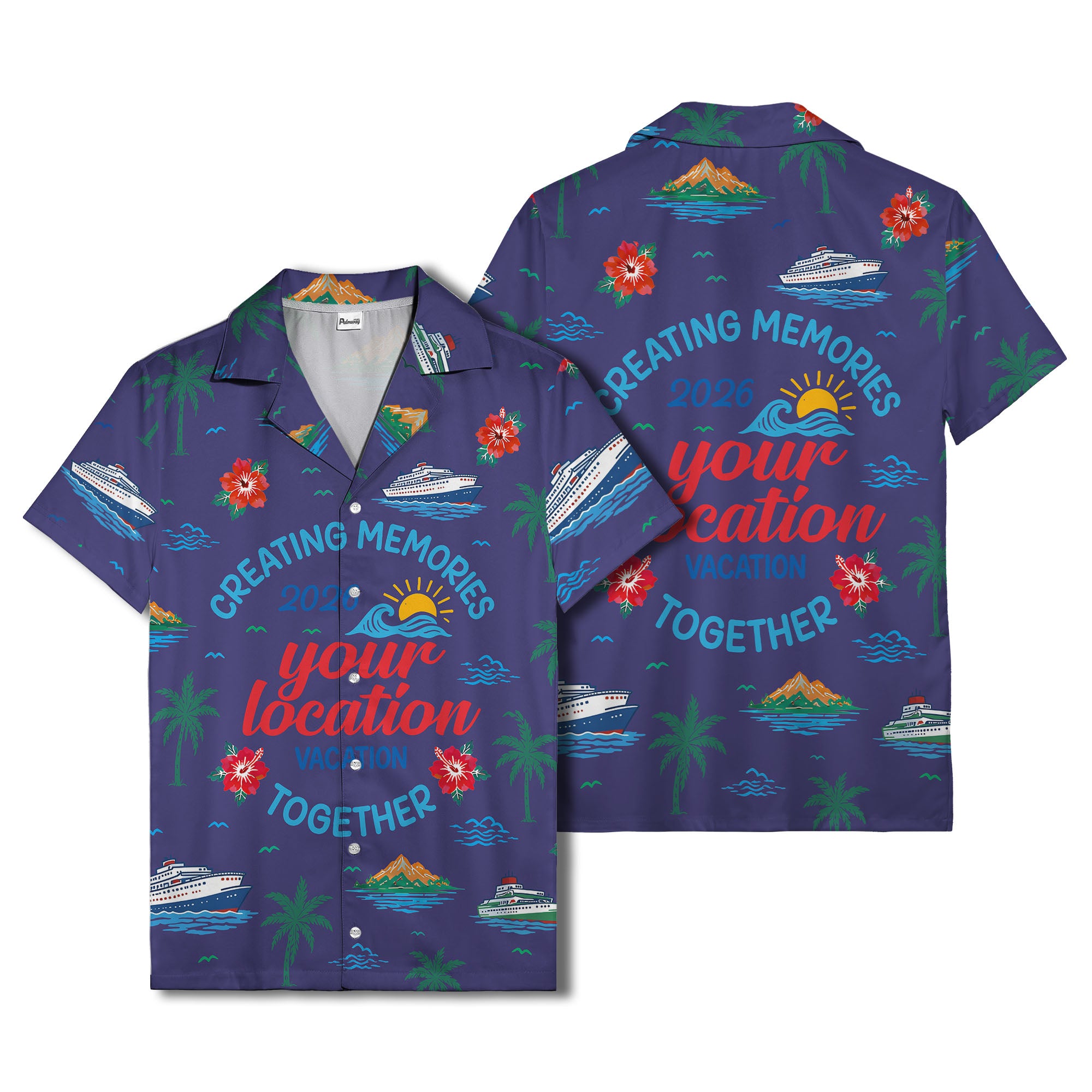 cruise ship & palm fronds watercolor vacation memories hawaiian shirt