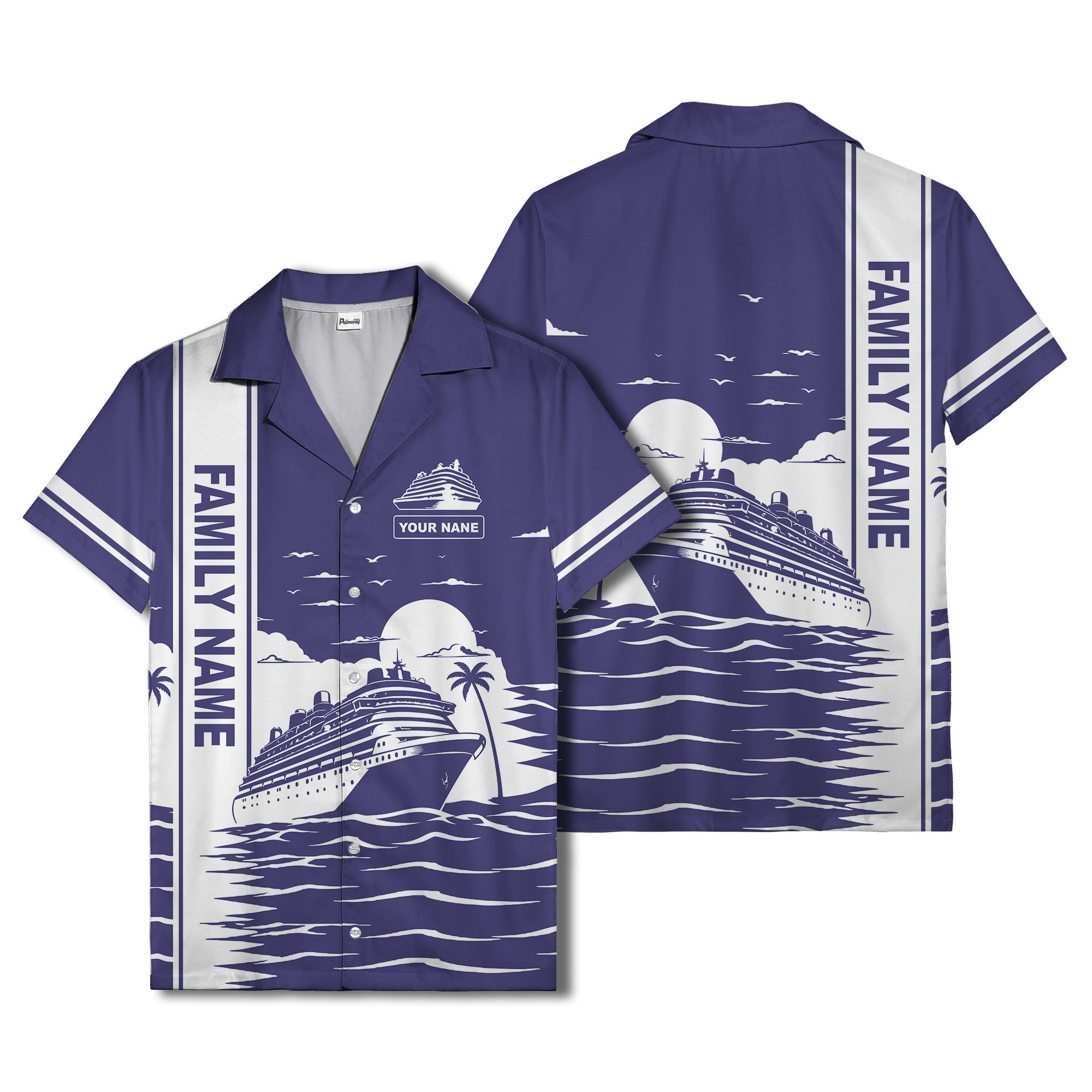 cruise ship silhouette sunset palm trees hawaiian shirt