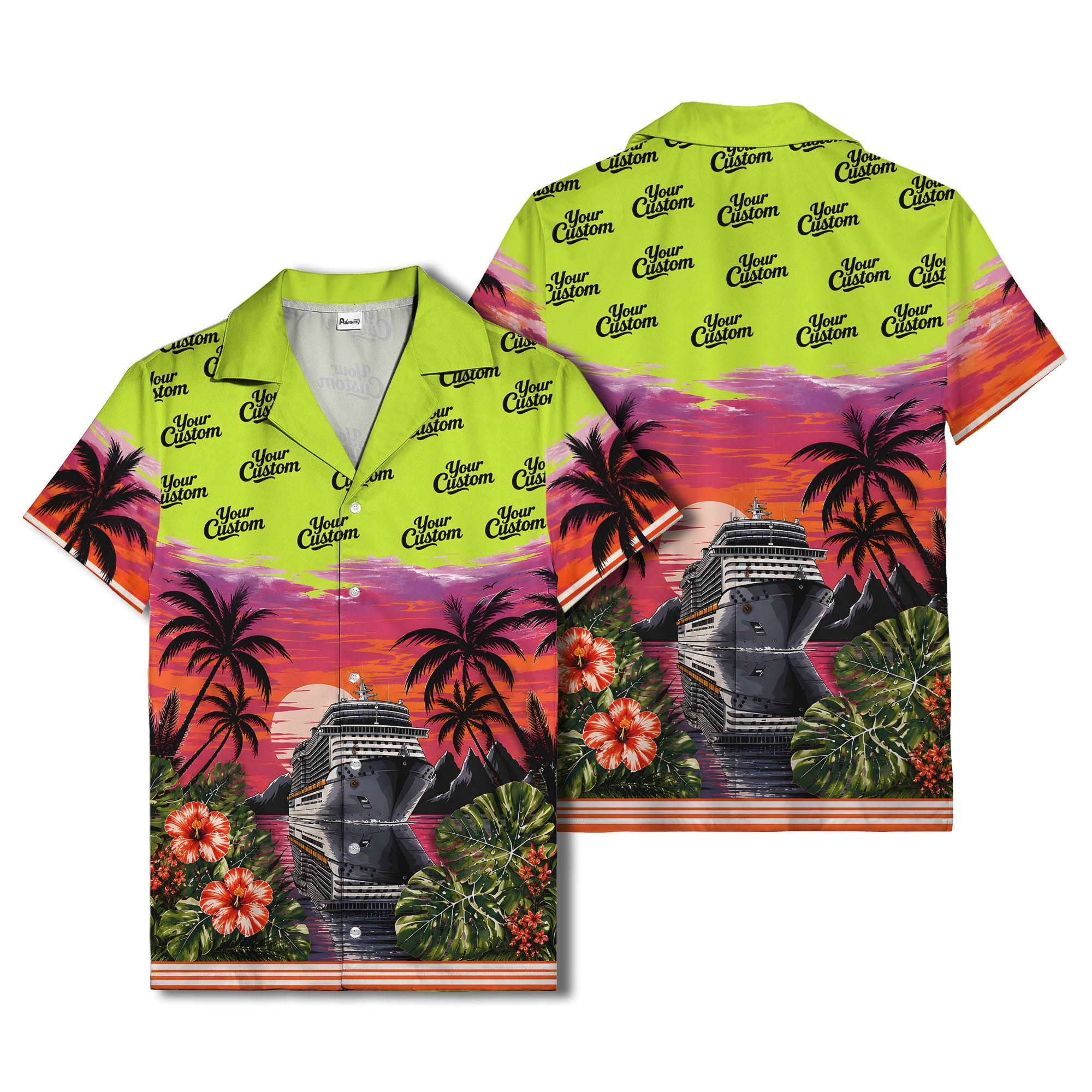 cruise ship sunset palm trees hibiscus flowers hawaiian shirt for men