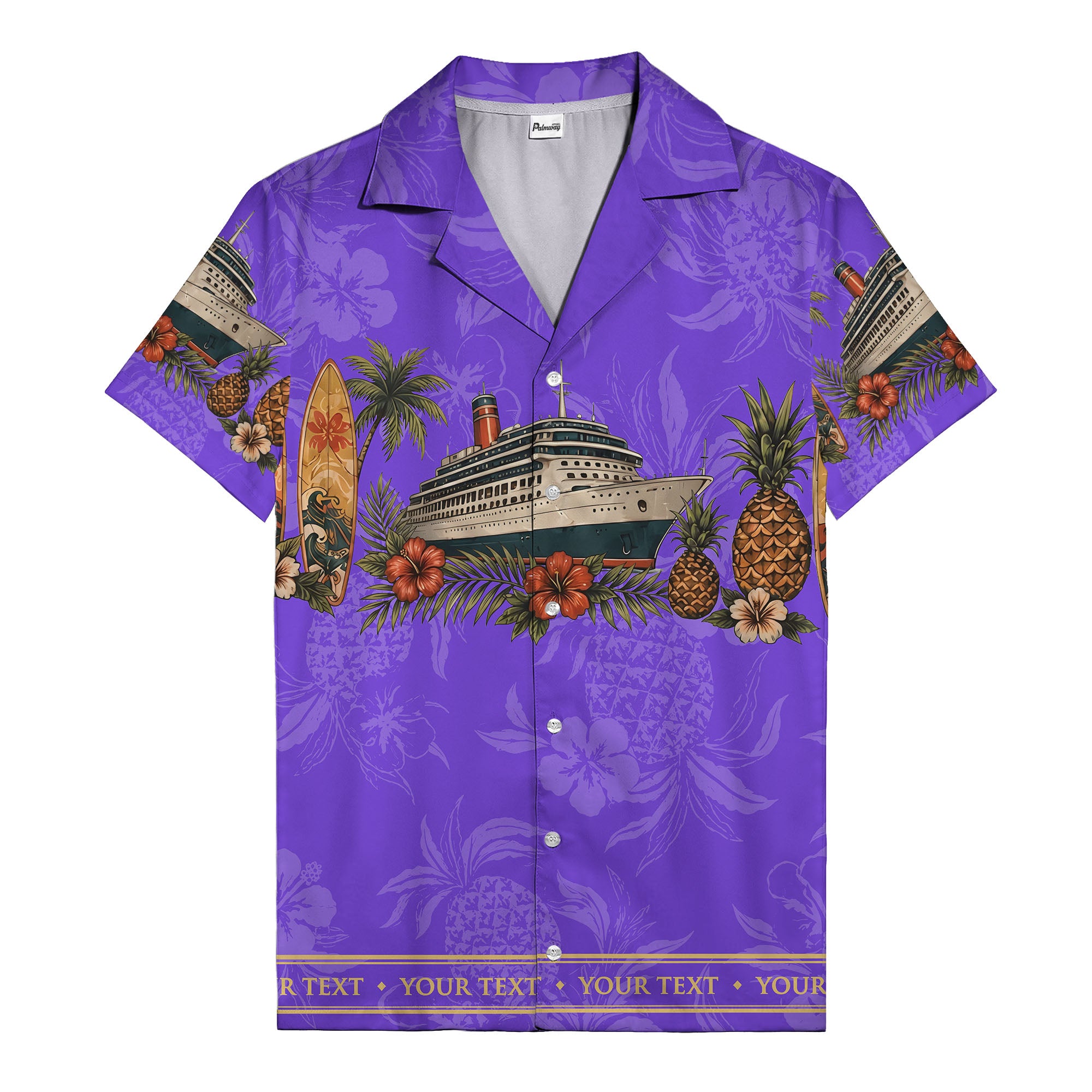 cruise ship surfboard pineapple palm hibiscus hawaiian shirt