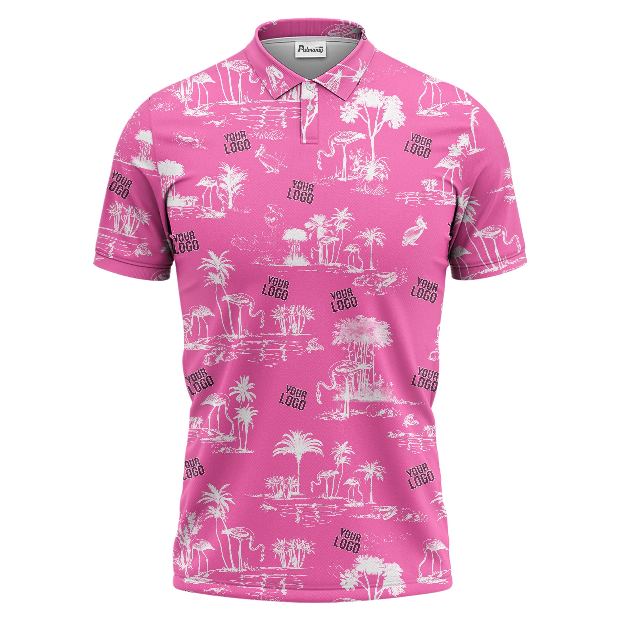 flamingo oasis palm trees sketch pattern black white polo shirt for men