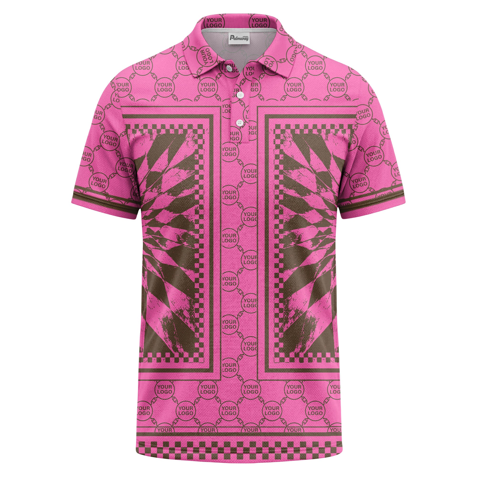 geometric palm leaves checkerboard border polo shirt