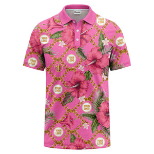 gold chain & pink hibiscus luxury illustrated polo shirt for men
