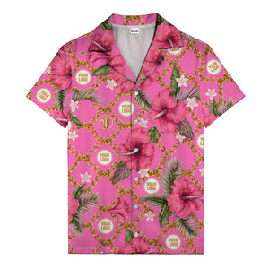 gold chain & pink hibiscus watercolor hawaiian shirt for men