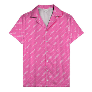 gold diagonal logo repeat pattern on black hawaiian shirt for men