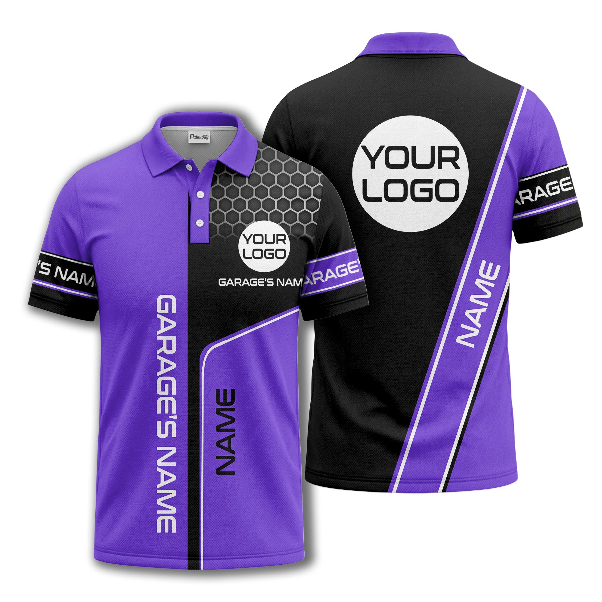 hexagonal grid garage name logo modern automotive polo shirt