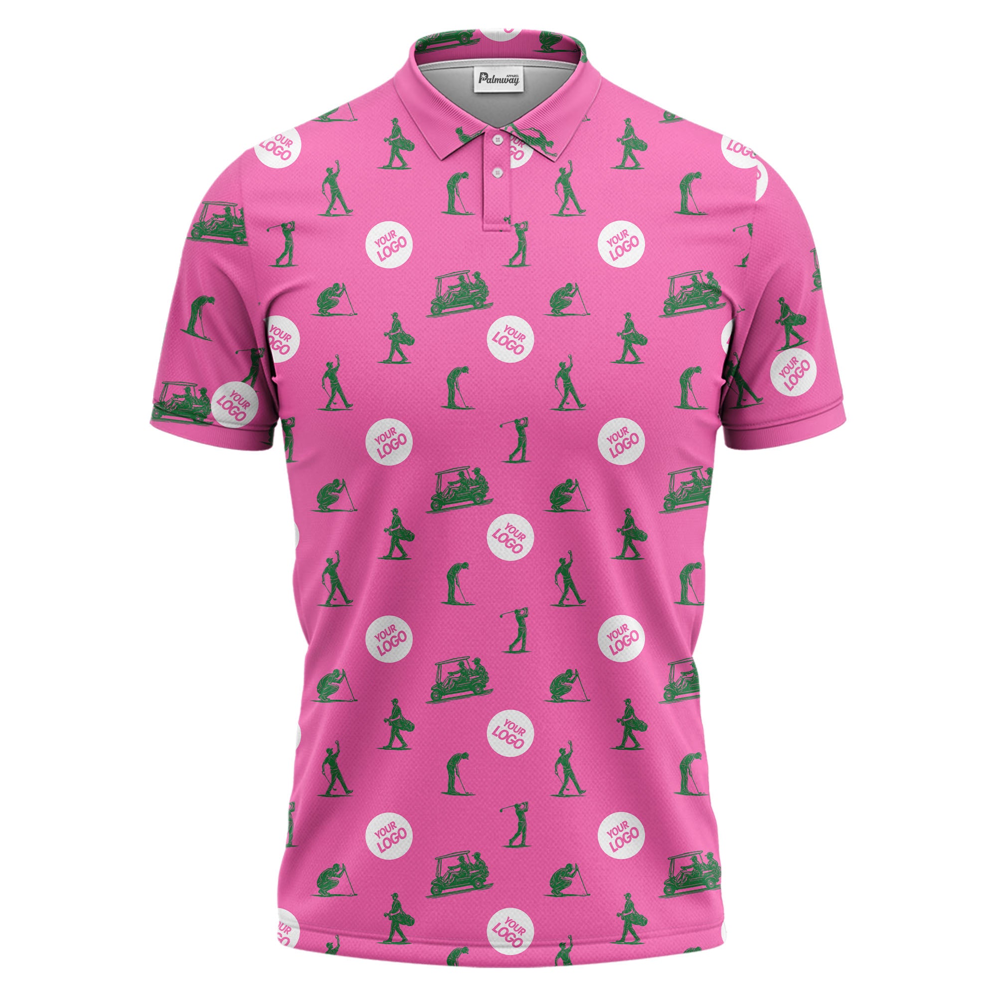 illustrated golfers golf carts repeating on green polo shirt for weekend fairway fun