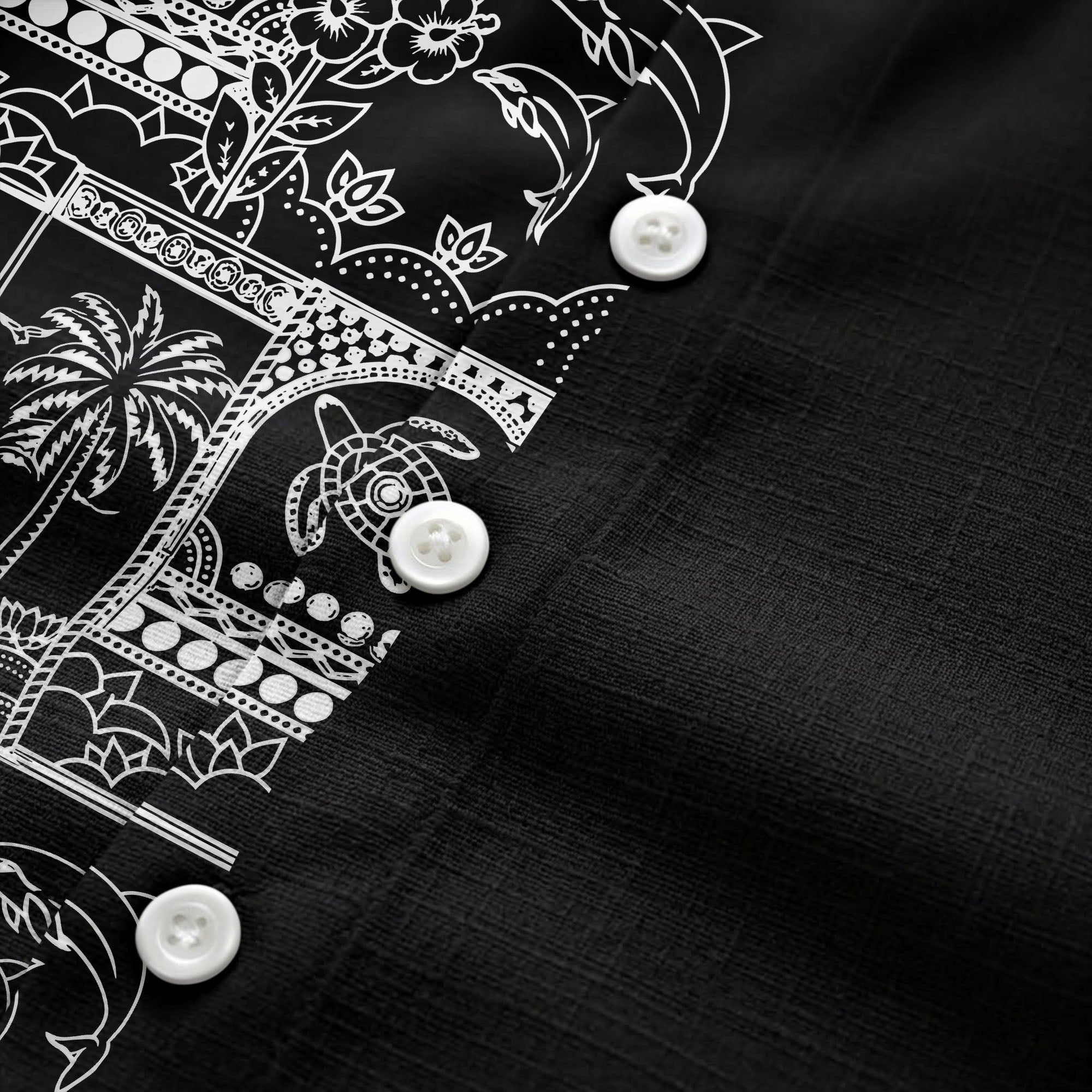 Illustrated Midnight Black Tropical Palm Tree Turtle Dolphin Hawaiian Shirt For Men