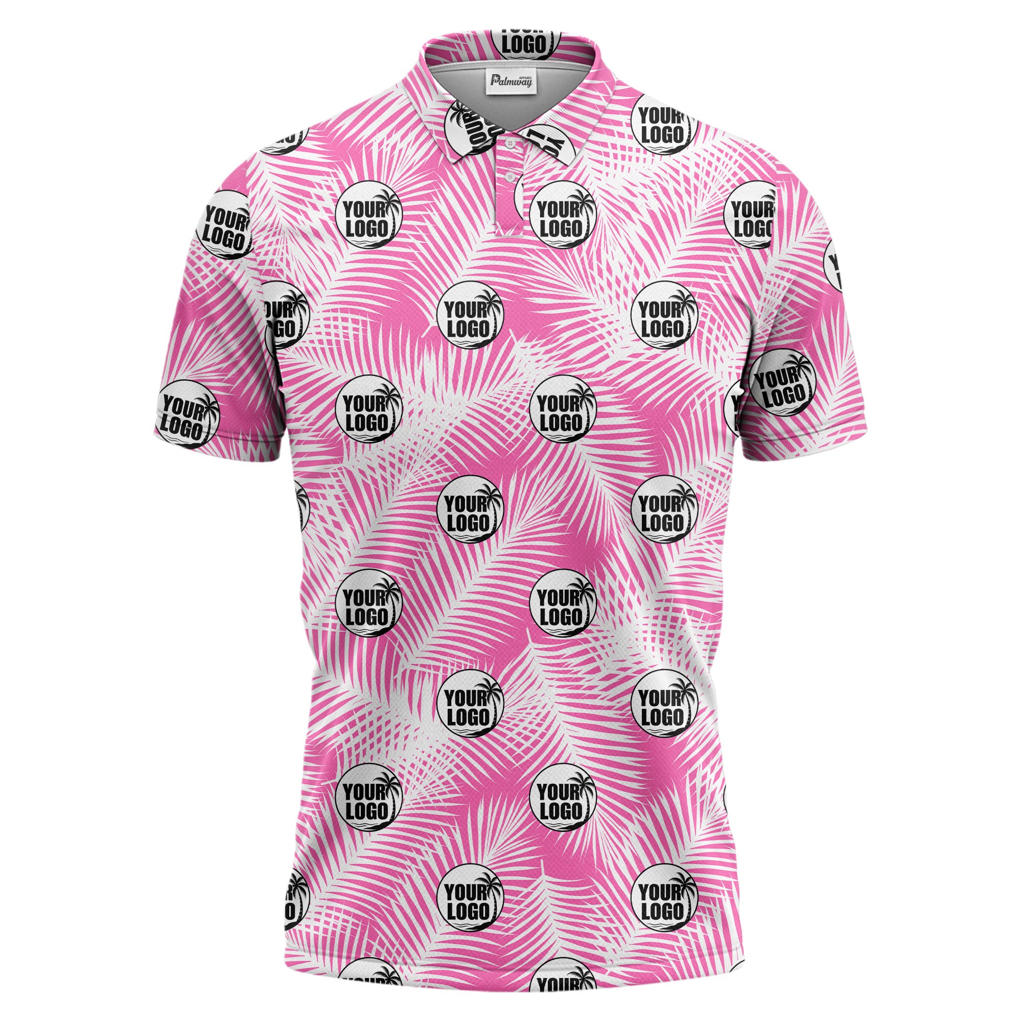 illustrated palm leaf logo repeating tropical polo shirt for men