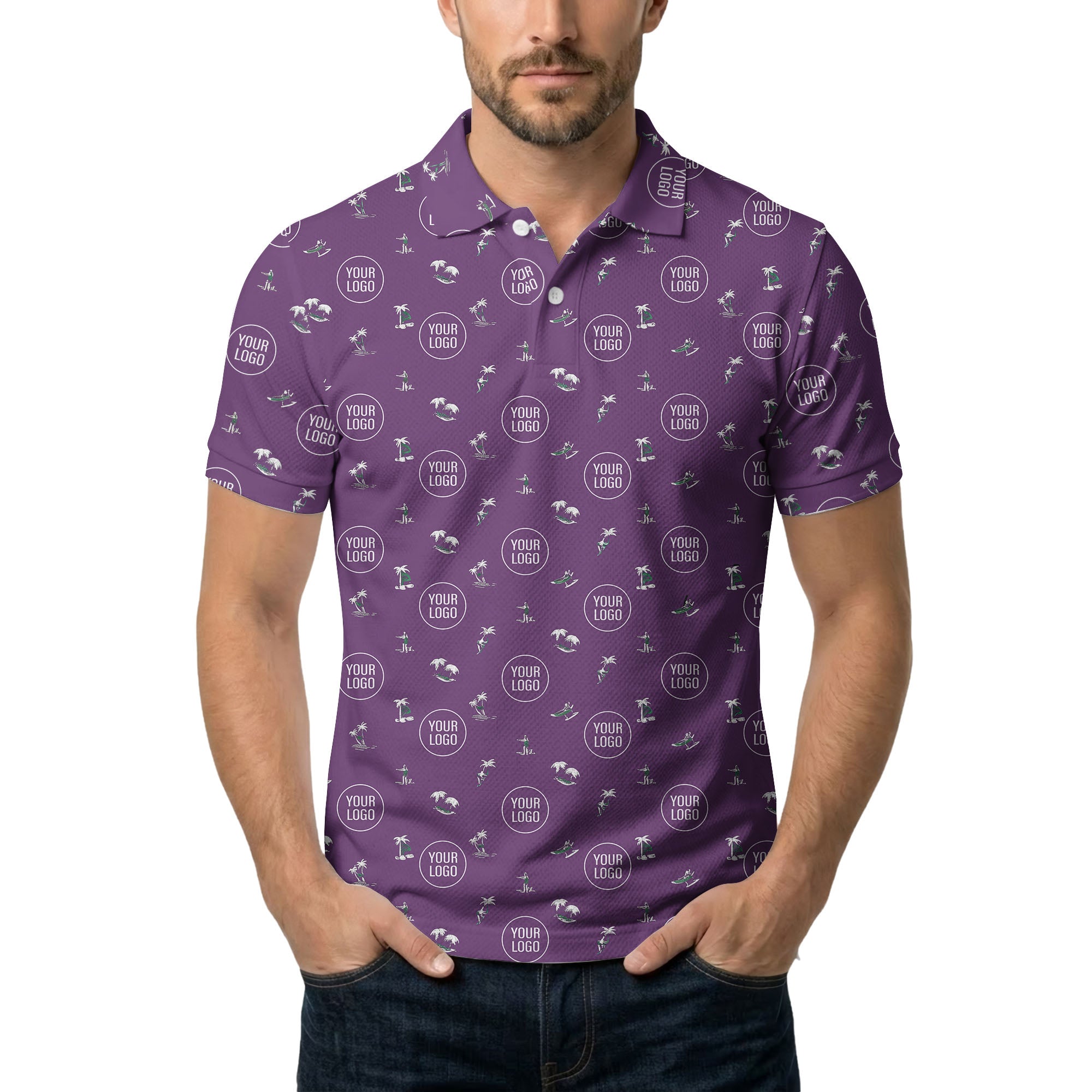 illustrated purple tropical island palm trees surfboards polo shirt for men