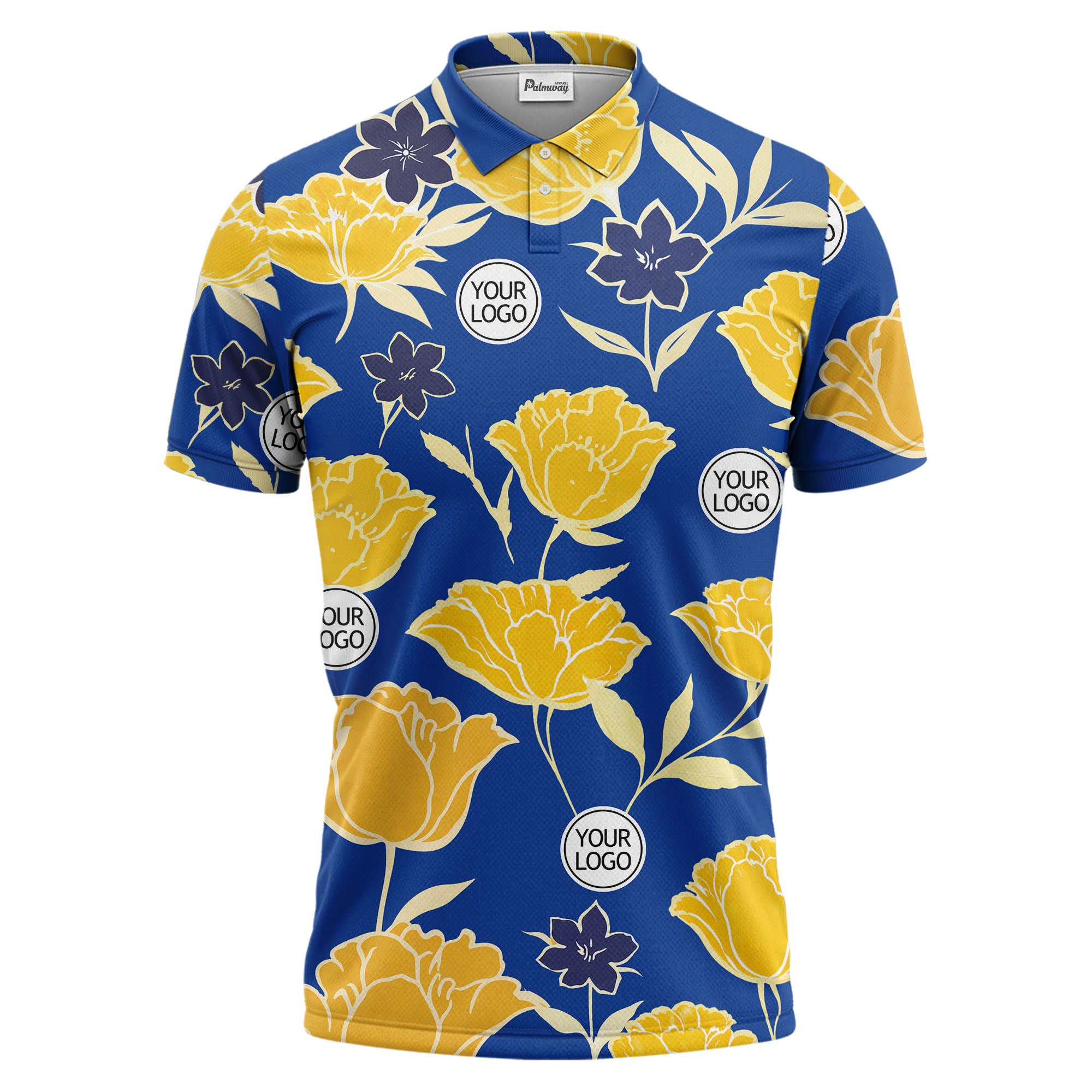 illustrated tropical floral vacation polo shirt splashed with hibiscus leaves