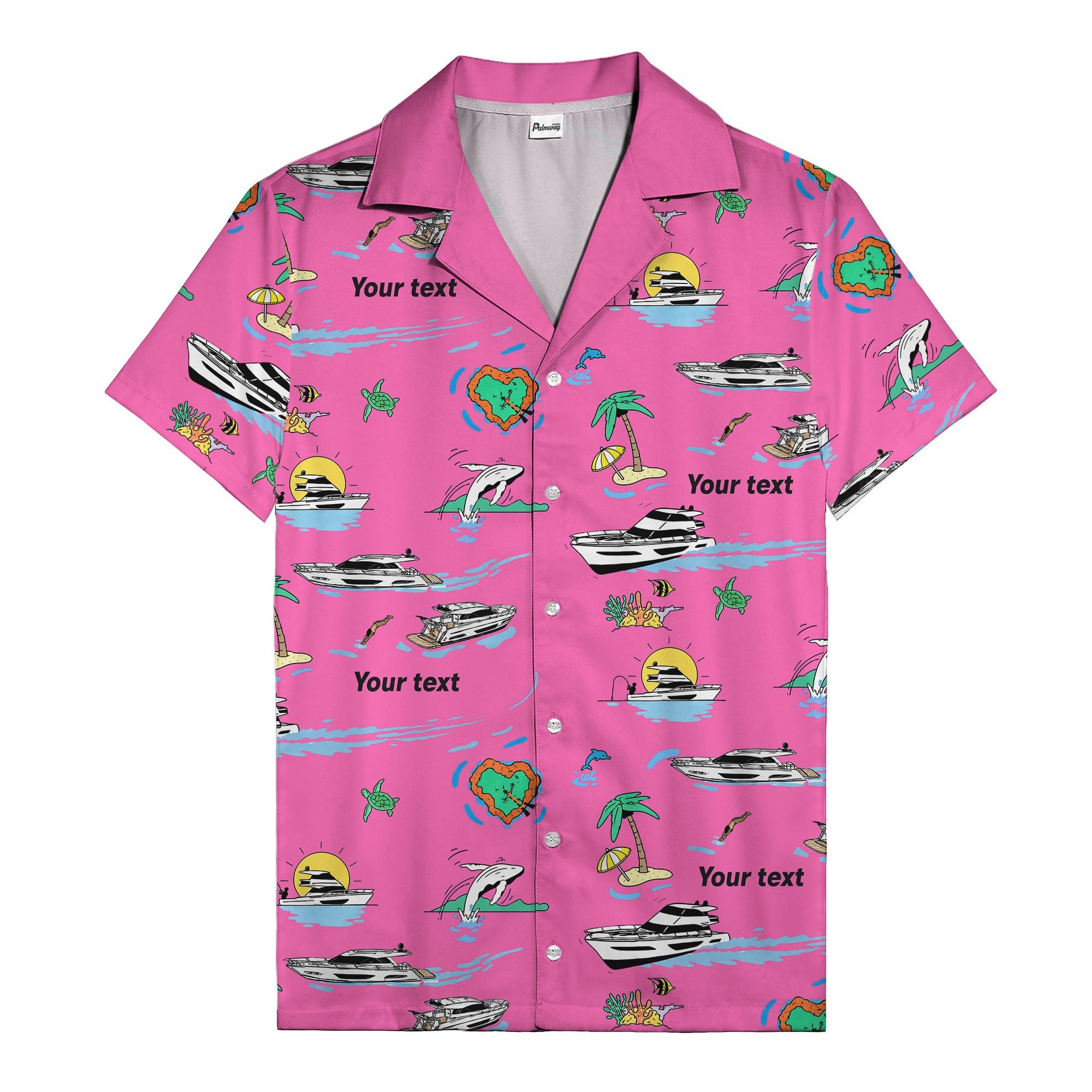luxury yacht & heart-shaped island cartoon hawaiian shirt