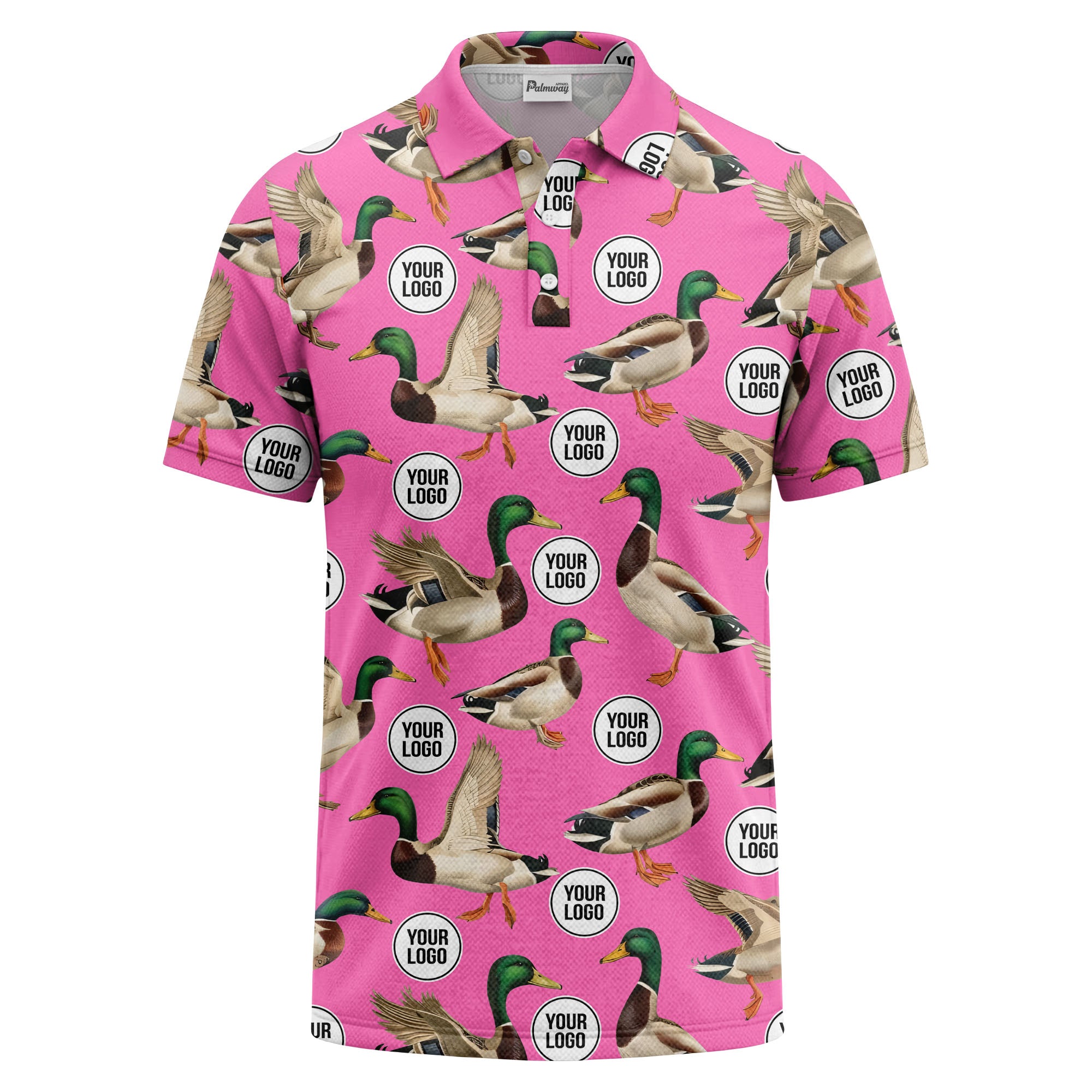 mallard duck flock & custom logo repeat photorealistic polo shirt