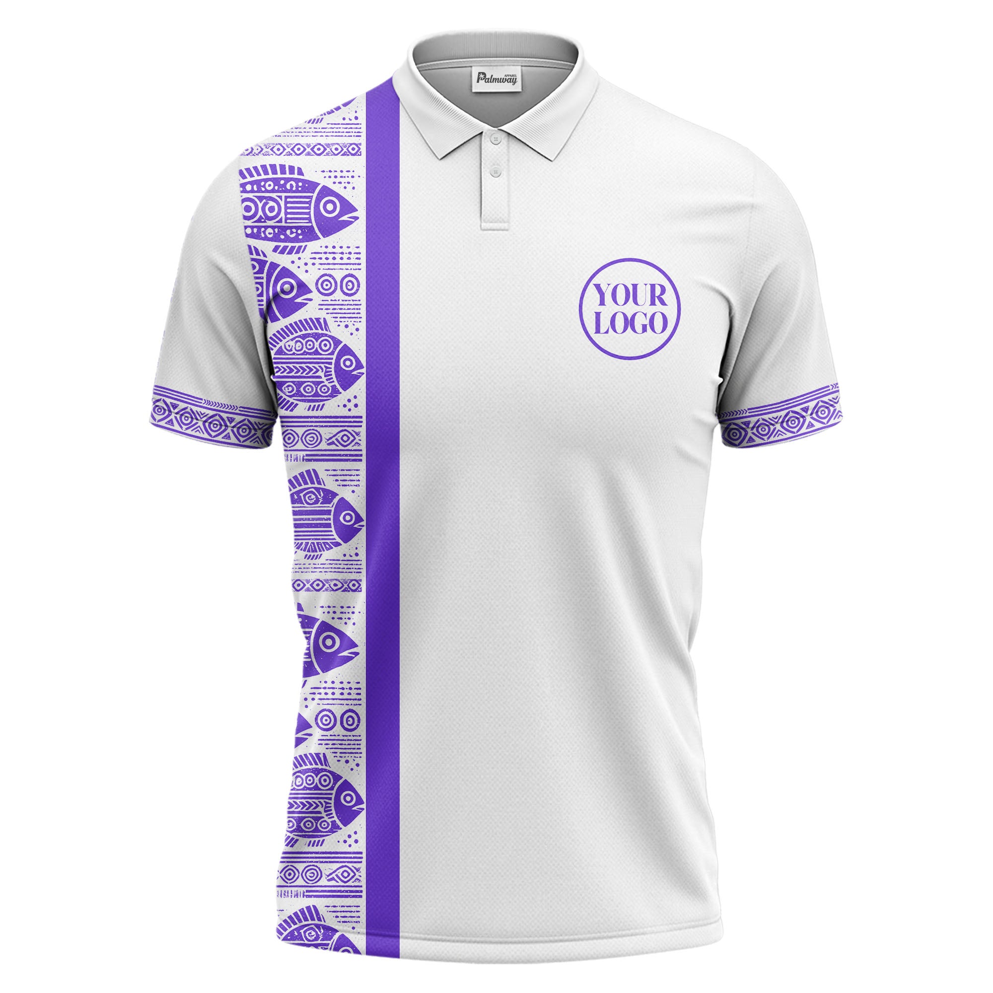 monochrome tribal fish & geometric borders patterned polo shirt for men