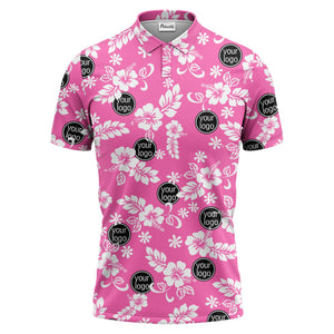 navy blue watercolor hibiscus & custom logo repeat pattern polo shirt