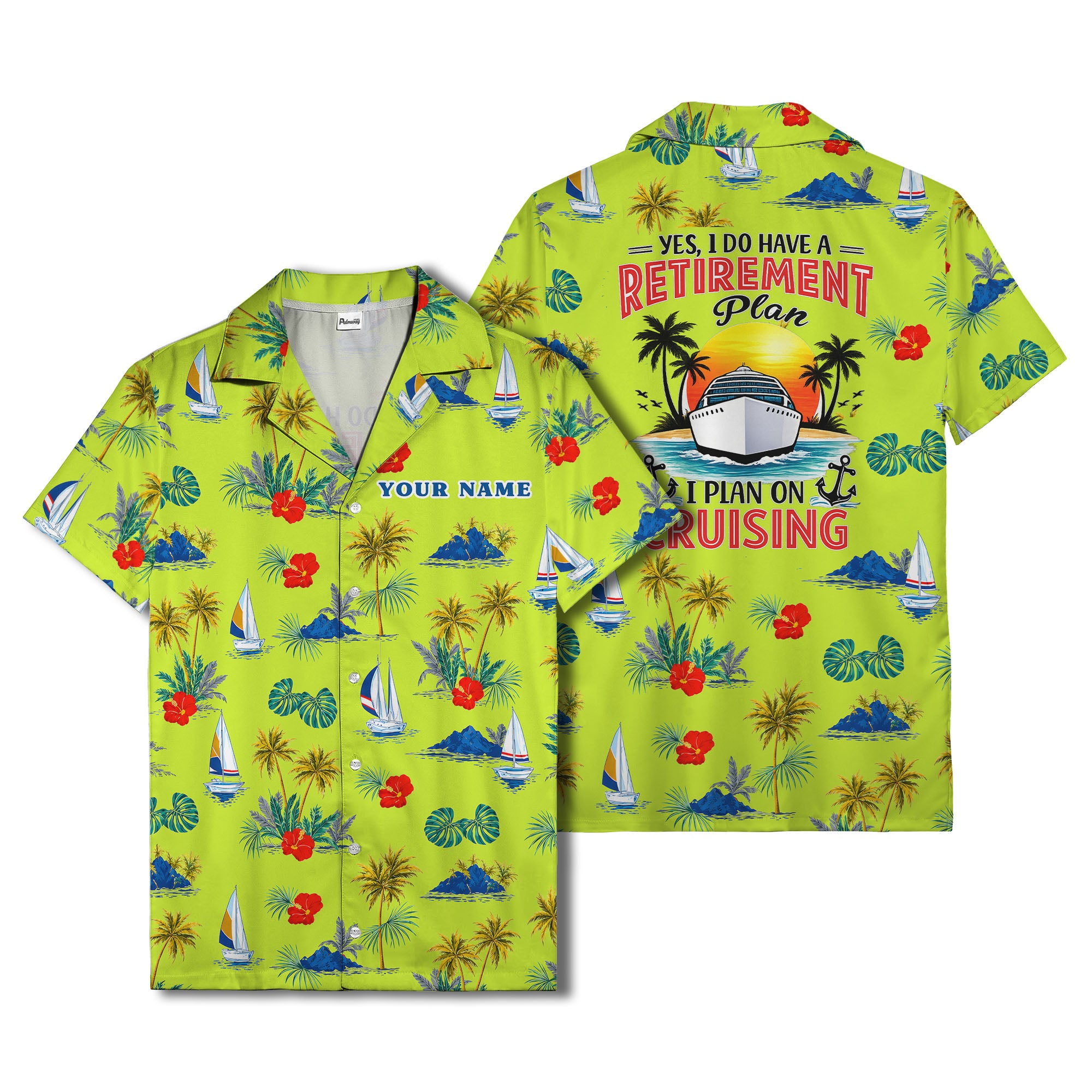 palm trees sailboats hibiscus island paradise hawaiian shirt