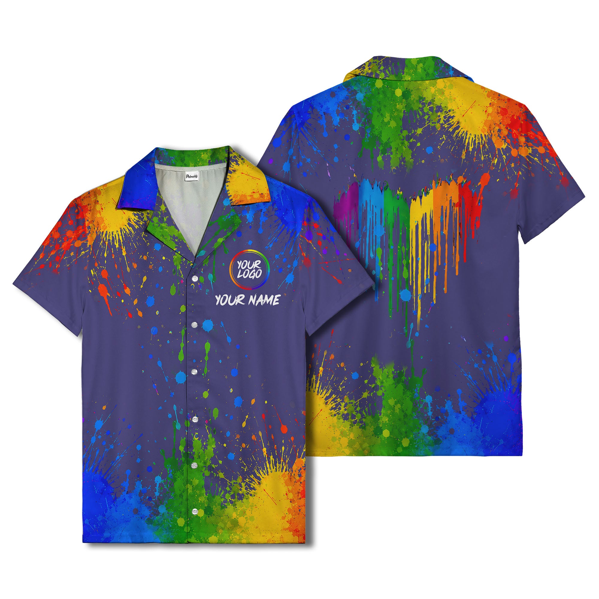 rainbow paint splatter abstract art hawaiian shirt with customizable name