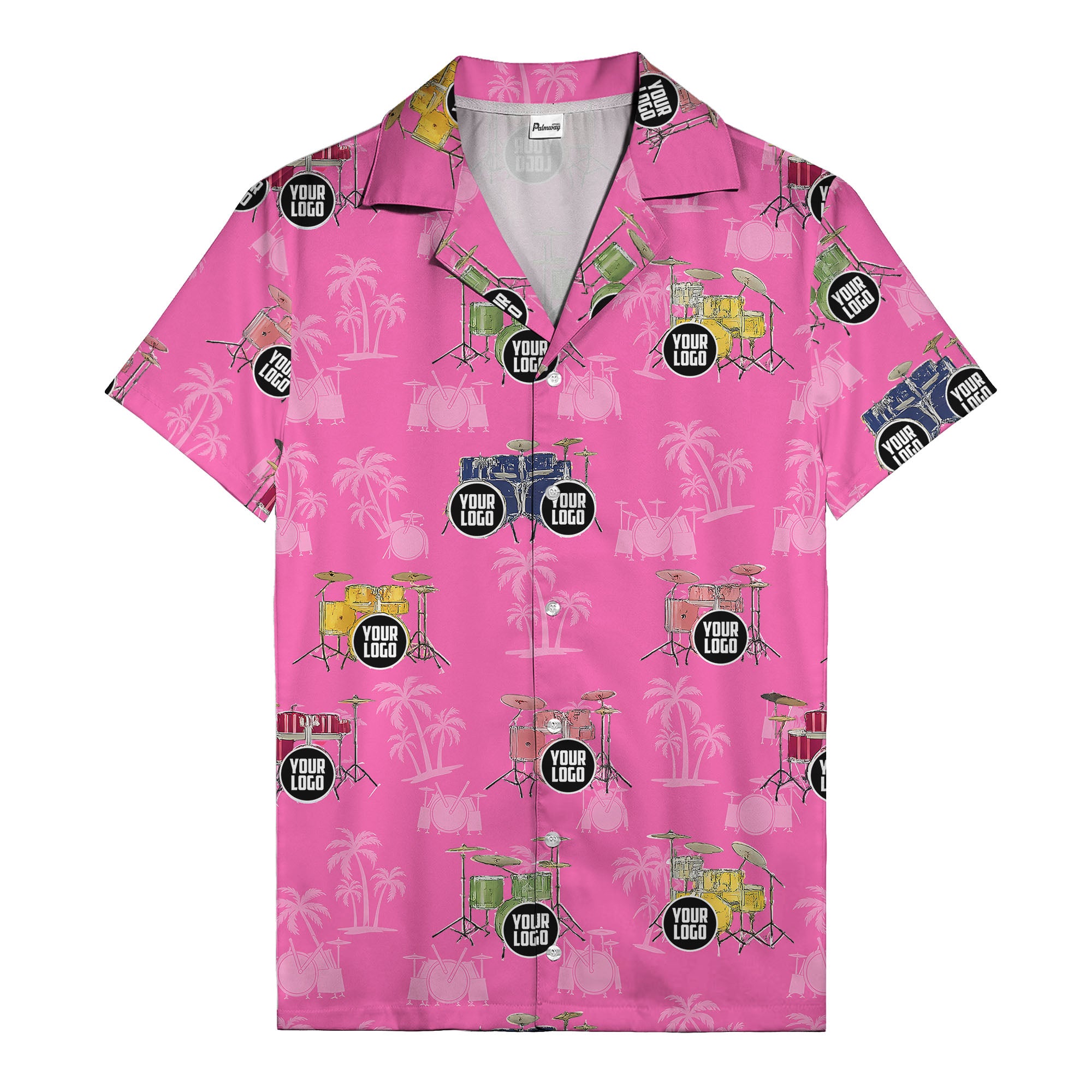 rockin' drum kits & palm trees repeat hawaiian shirt for musicians