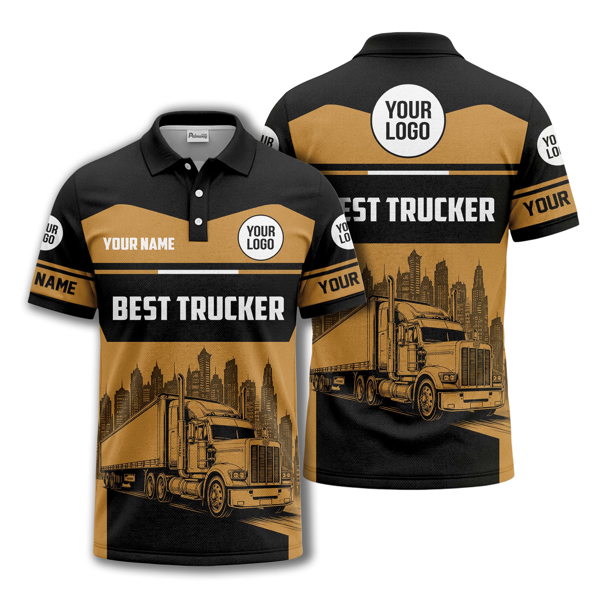 semi-truck cityscape graphic polo shirt for trucker pride