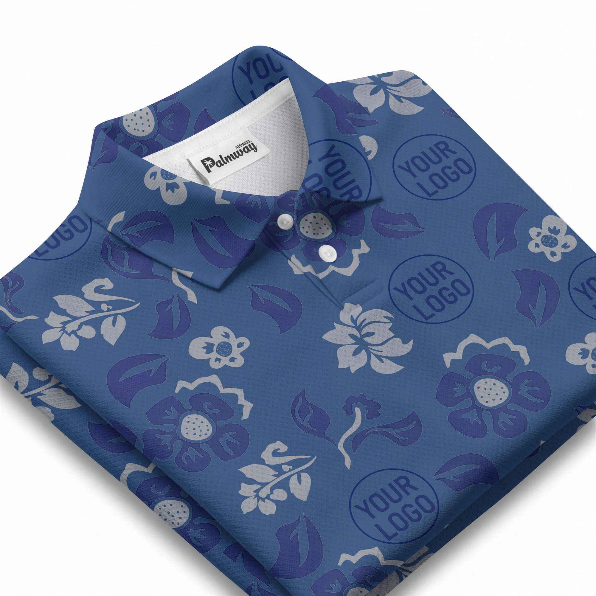 tropical blue floral logo repeating leaves polo shirt for men