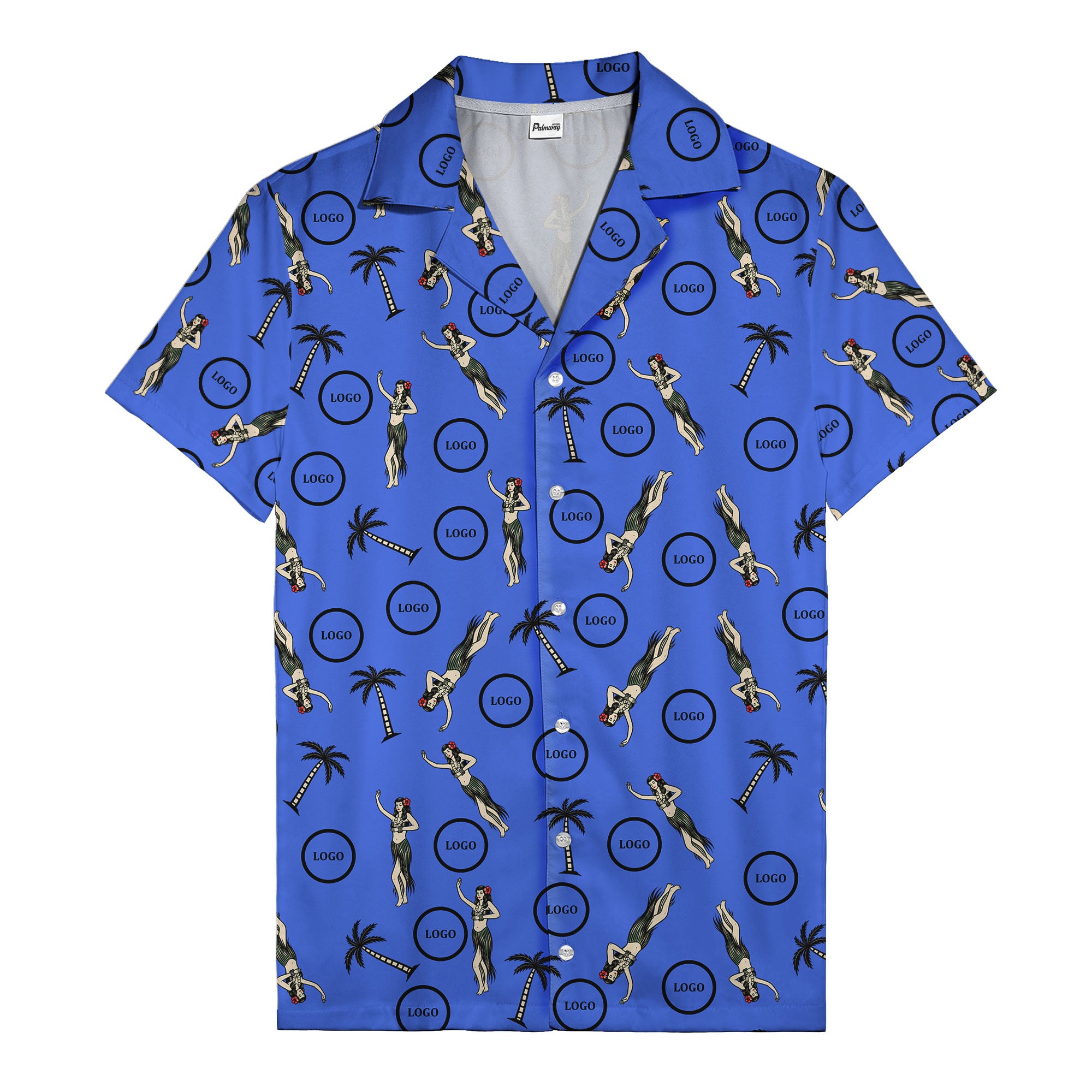vintage hula dancers palm trees circular logo black hawaiian shirt for men