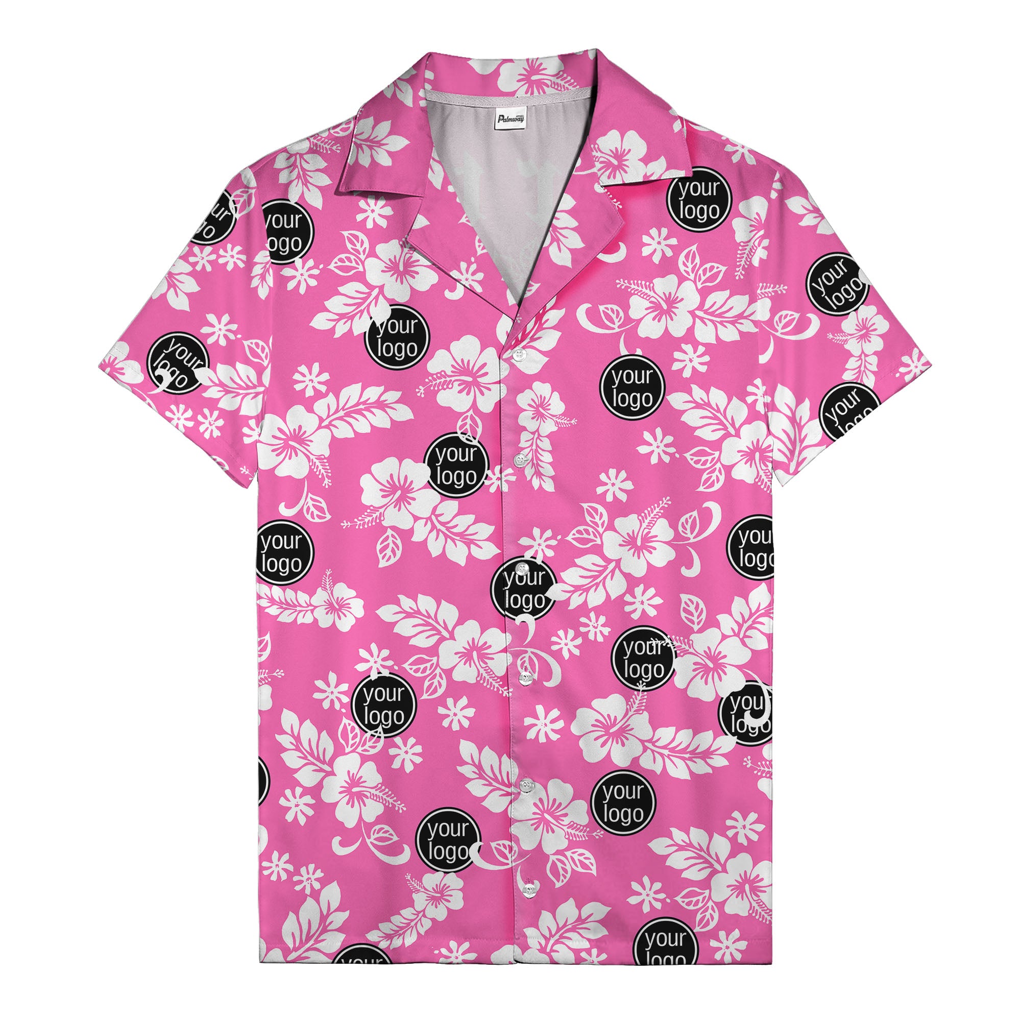 watercolor hibiscus blooms & custom logo navy blue hawaiian shirt
