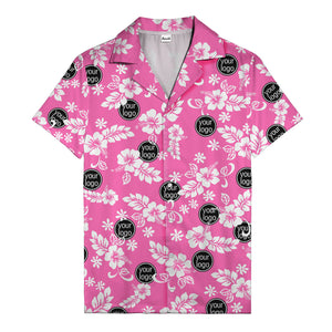 watercolor hibiscus blooms & custom logo navy blue hawaiian shirt