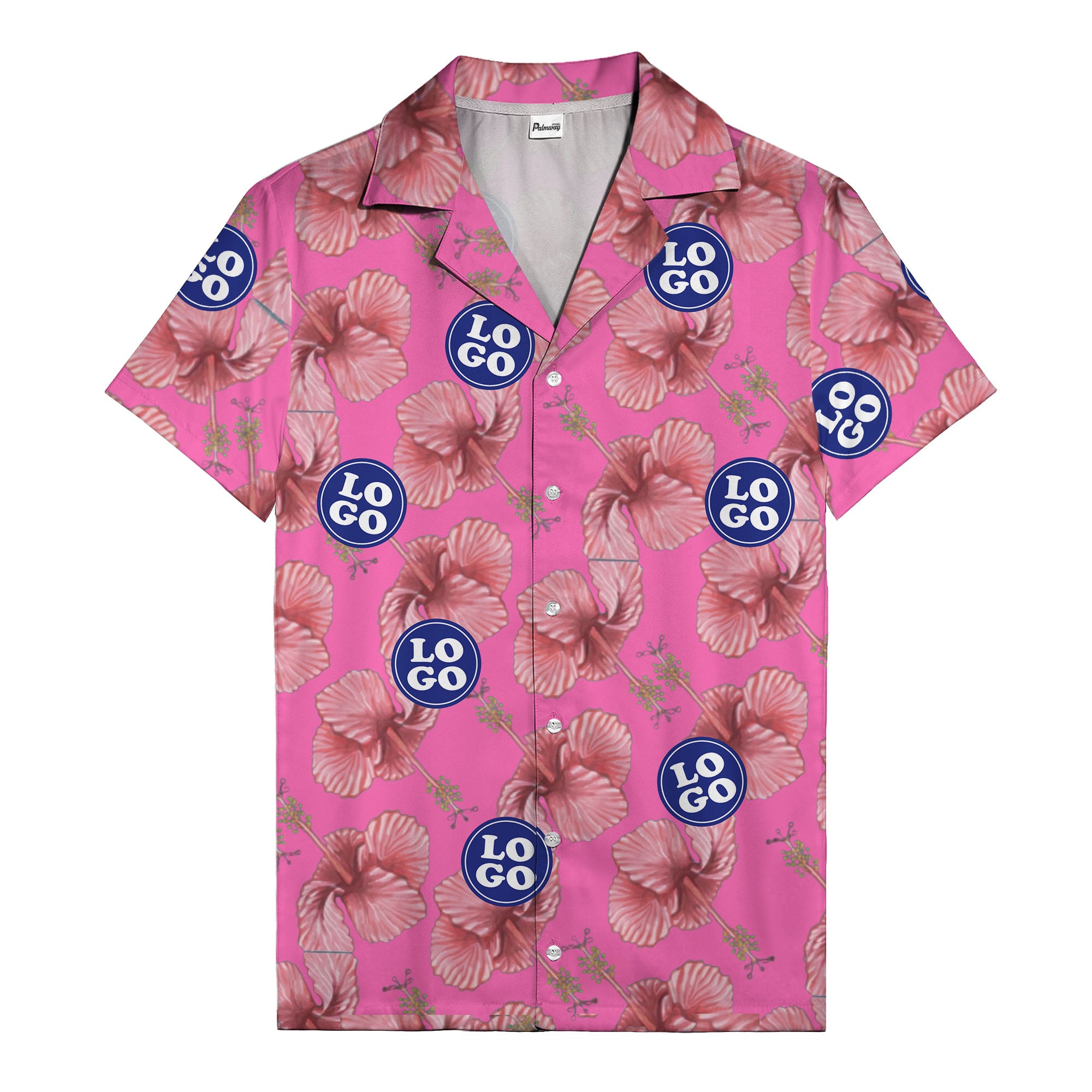 watercolor pink hibiscus & blue logo repeat aloha hawaiian shirt