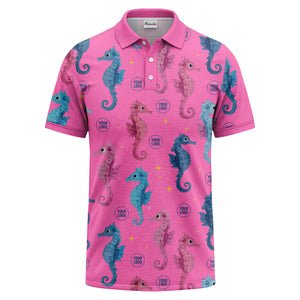 watercolor seahorse repeat marine life polo shirt in pink blue