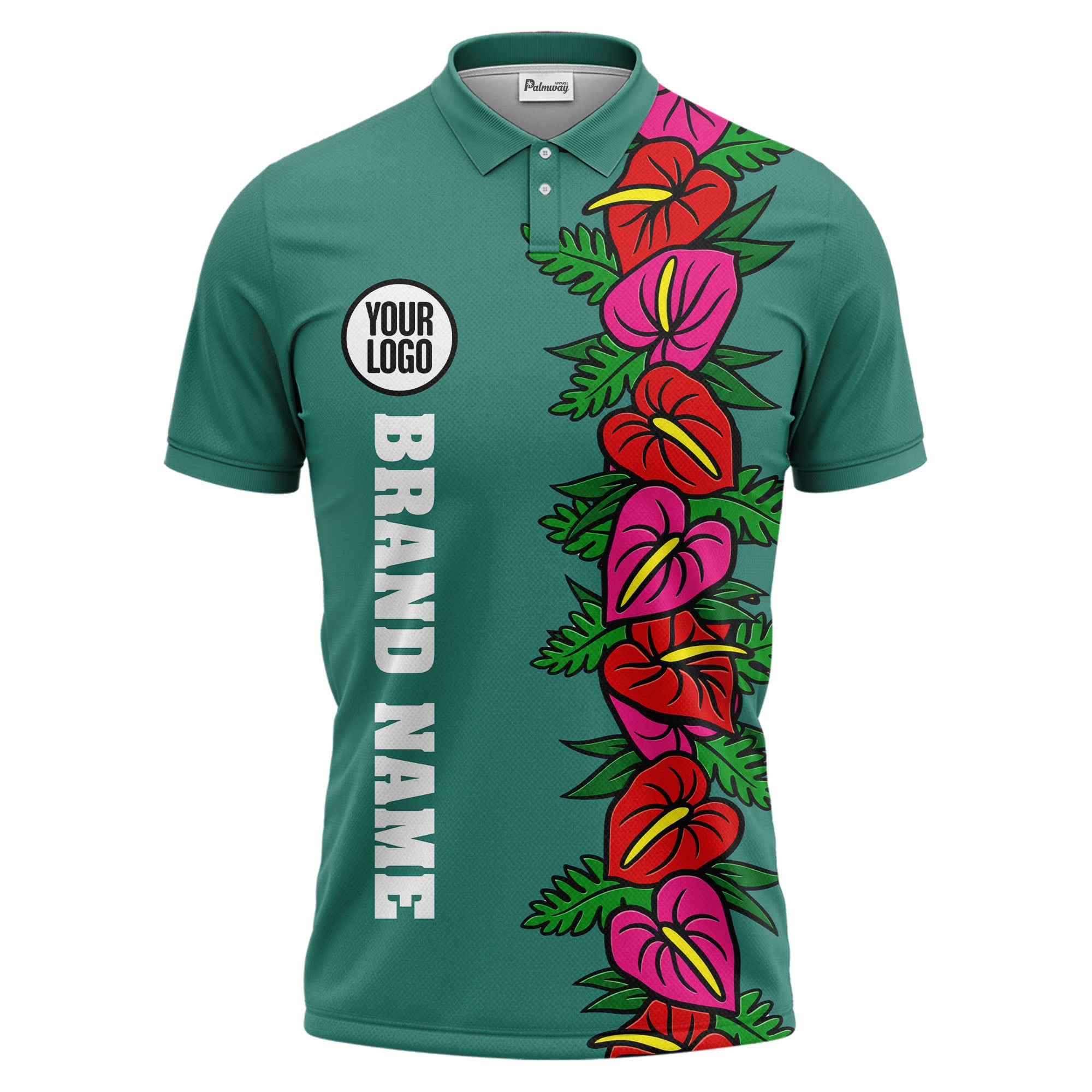 anthurium & emerald leaf stripe coral red polo shirt for men