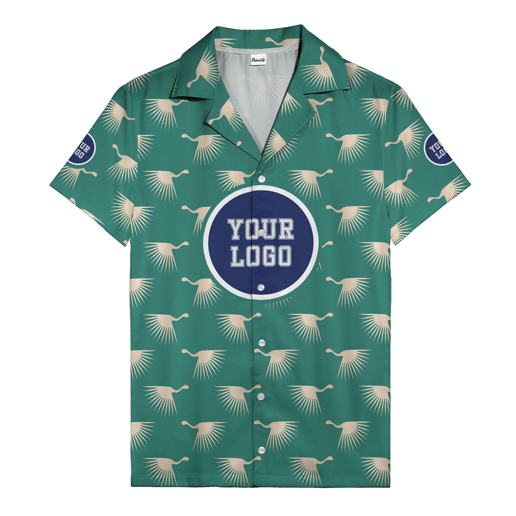 art deco crane silhouette logo beige navy hawaiian shirt