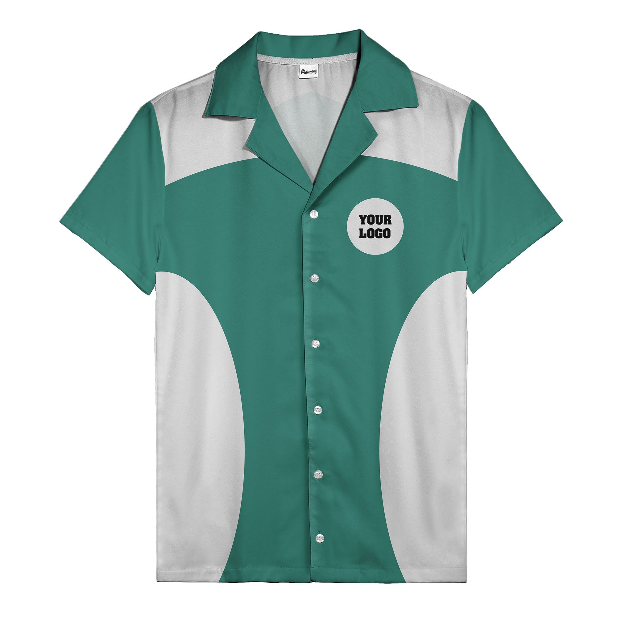 black silver geometric bowling hawaiian shirt with custom logo patch