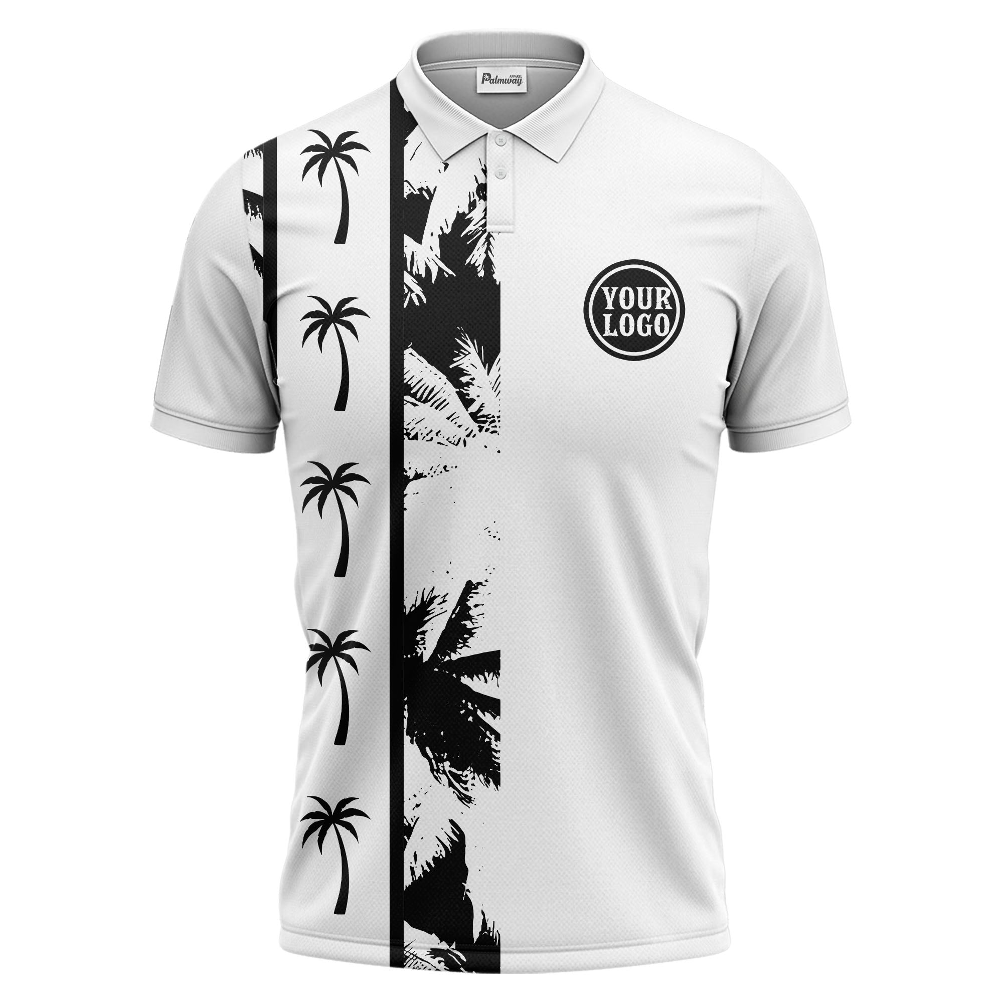 black white palm tree silhouette vertical stripe polo shirt for men