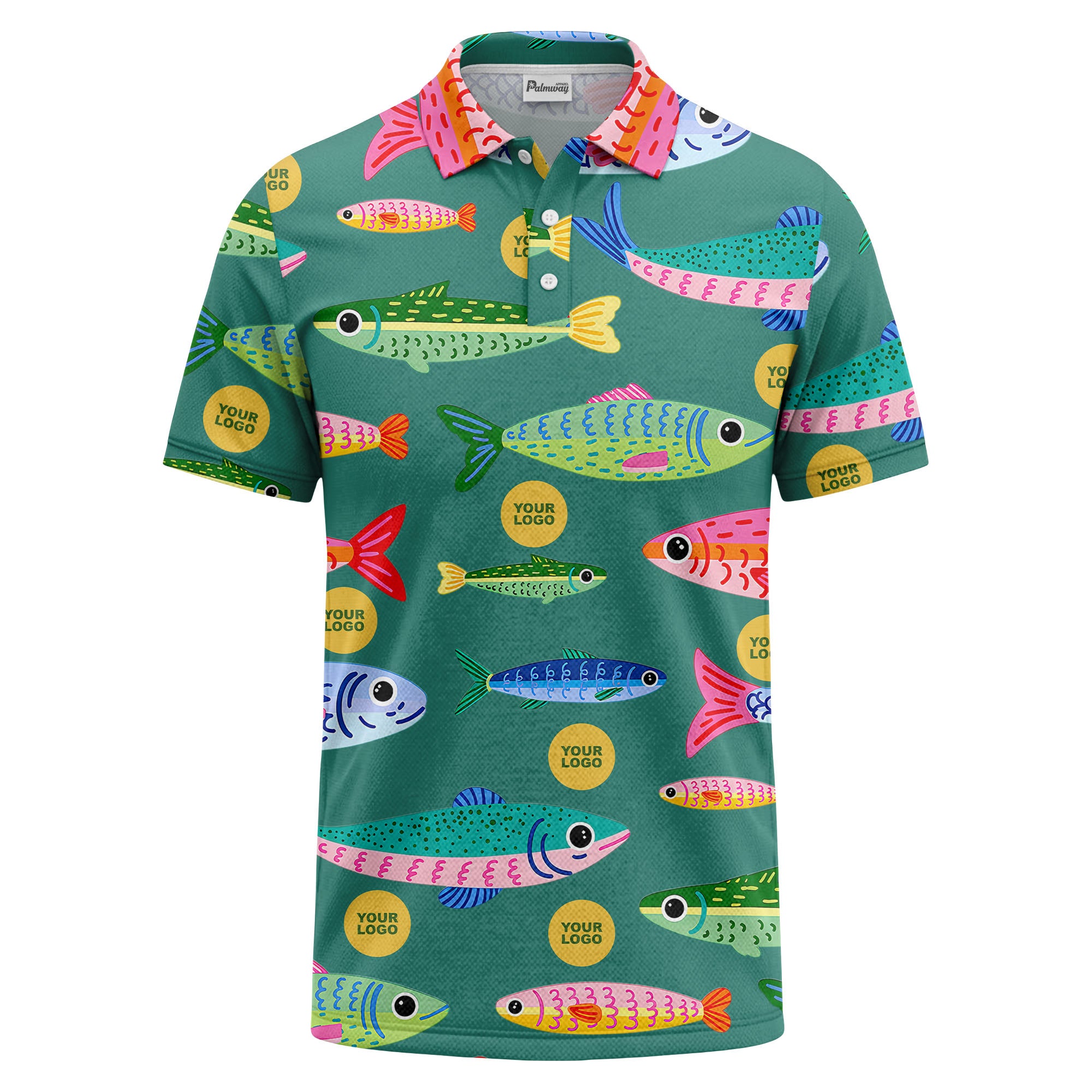 colorful cartoon fish & custom logo repeat all-over print polo shirt