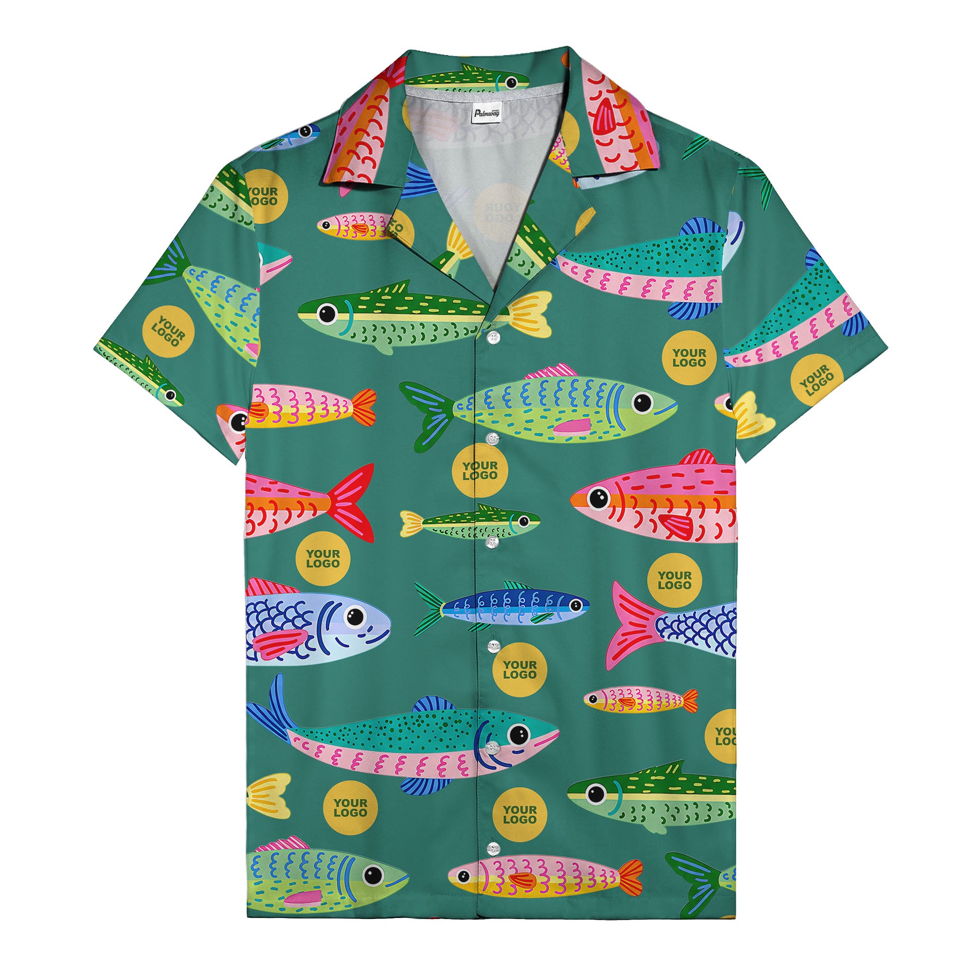 colorful cartoon fish & gold circle logo hawaiian shirt for men