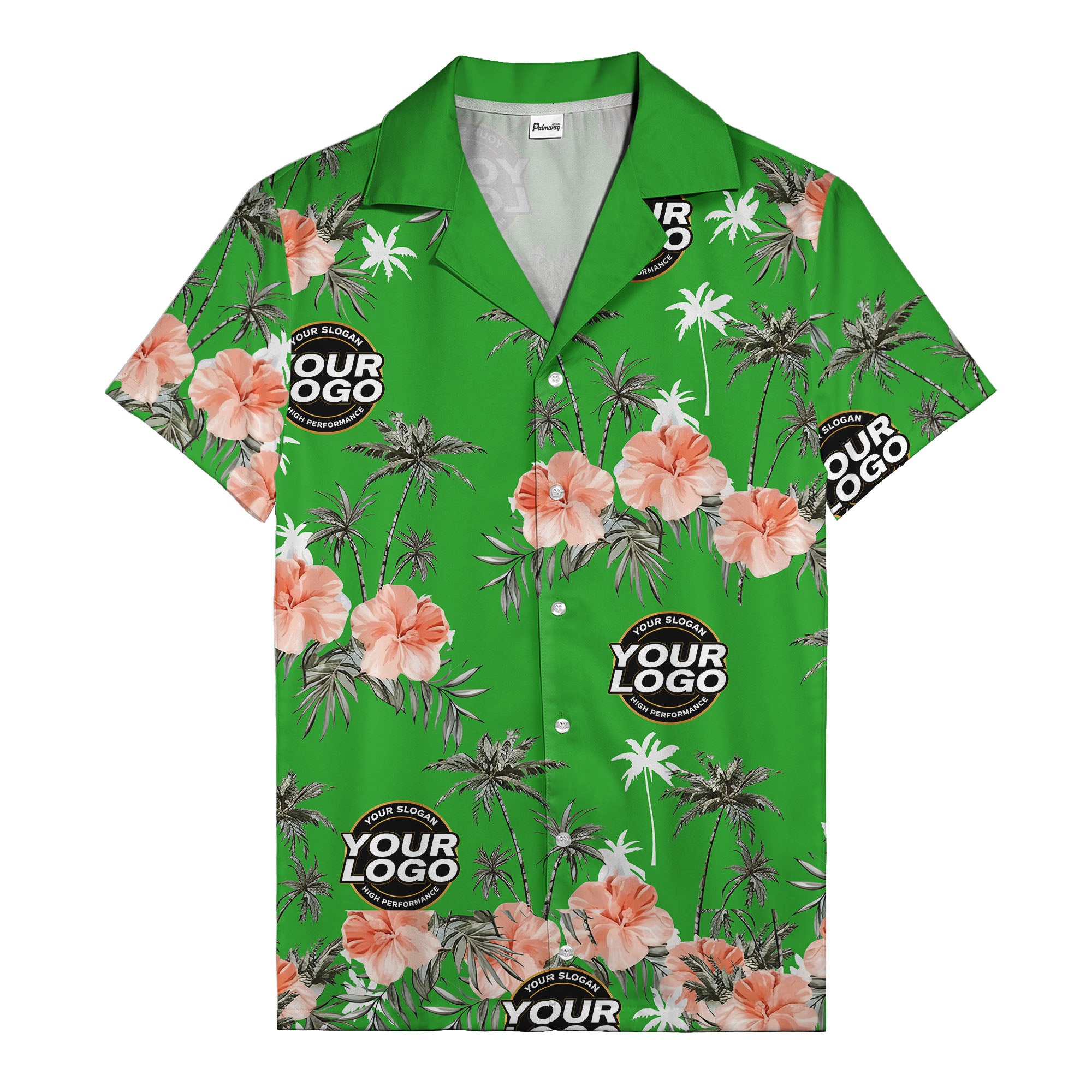 coral pink hibiscus & palm trees on black hawaiian shirt for men