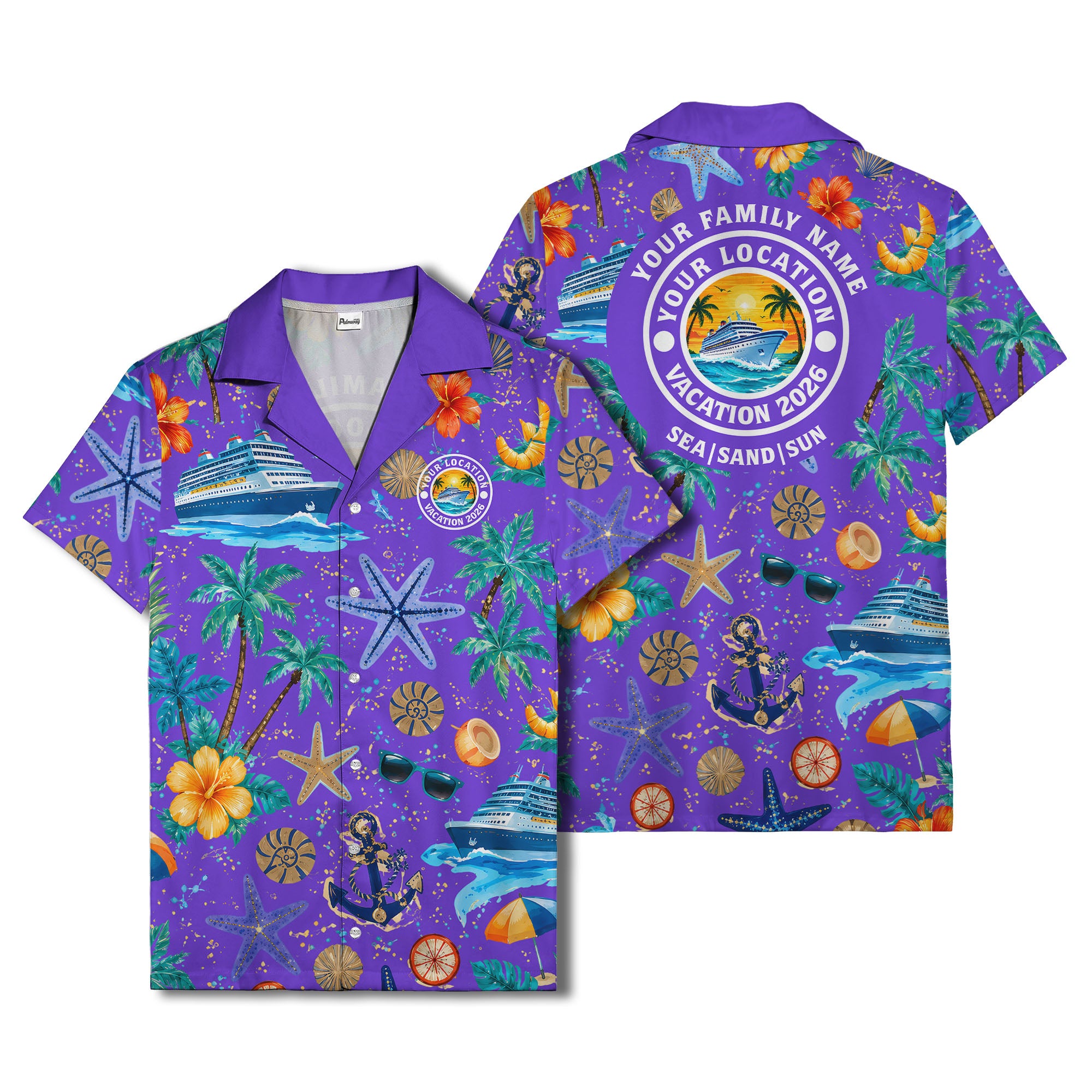 cruise ship palm trees starfish watercolor hawaiian shirt