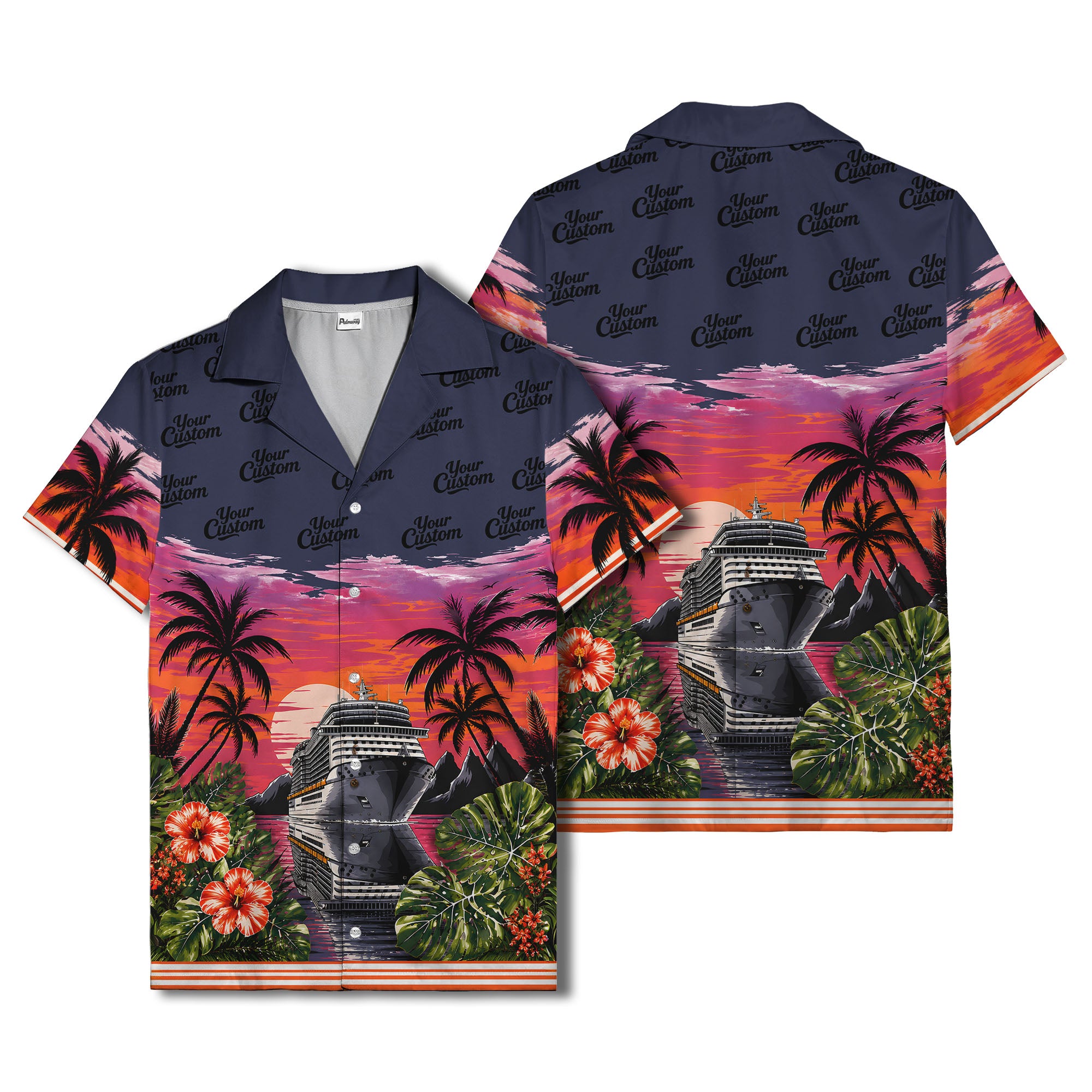 cruise ship sunset palm trees hibiscus flowers hawaiian shirt for men