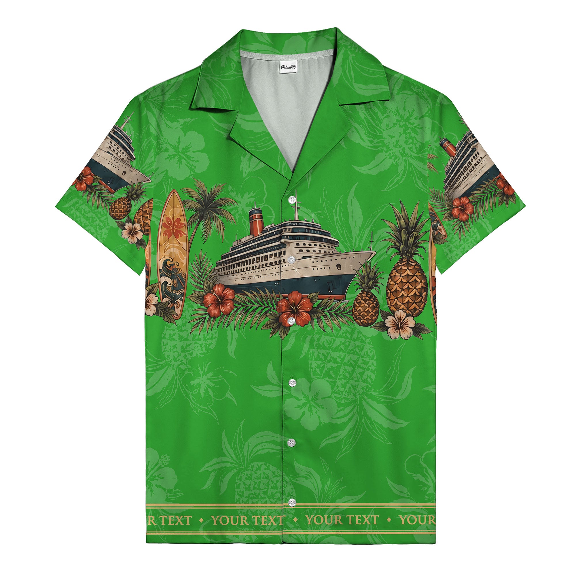 cruise ship surfboard pineapple palm hibiscus hawaiian shirt