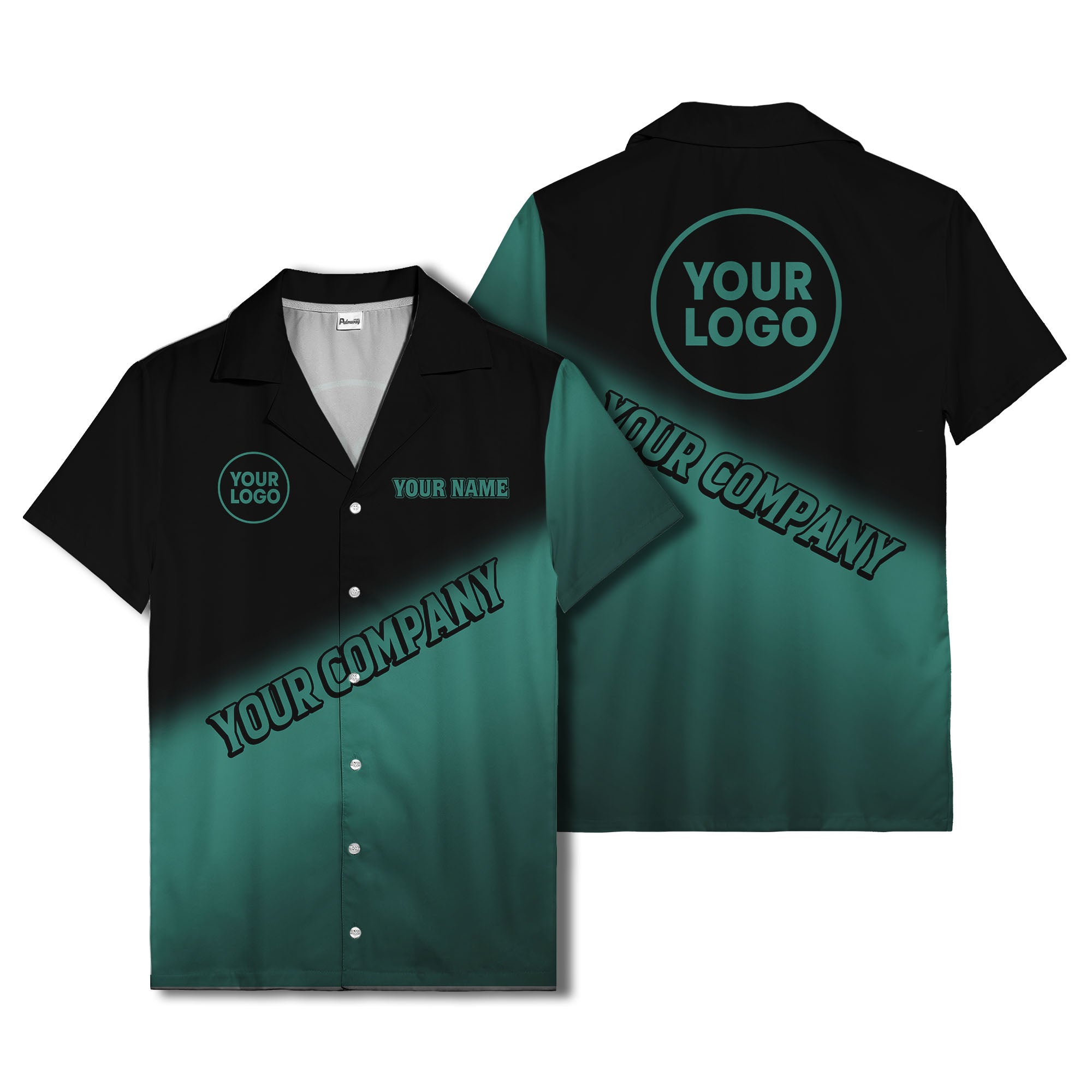 custom logo gradient black white corporate hawaiian shirt