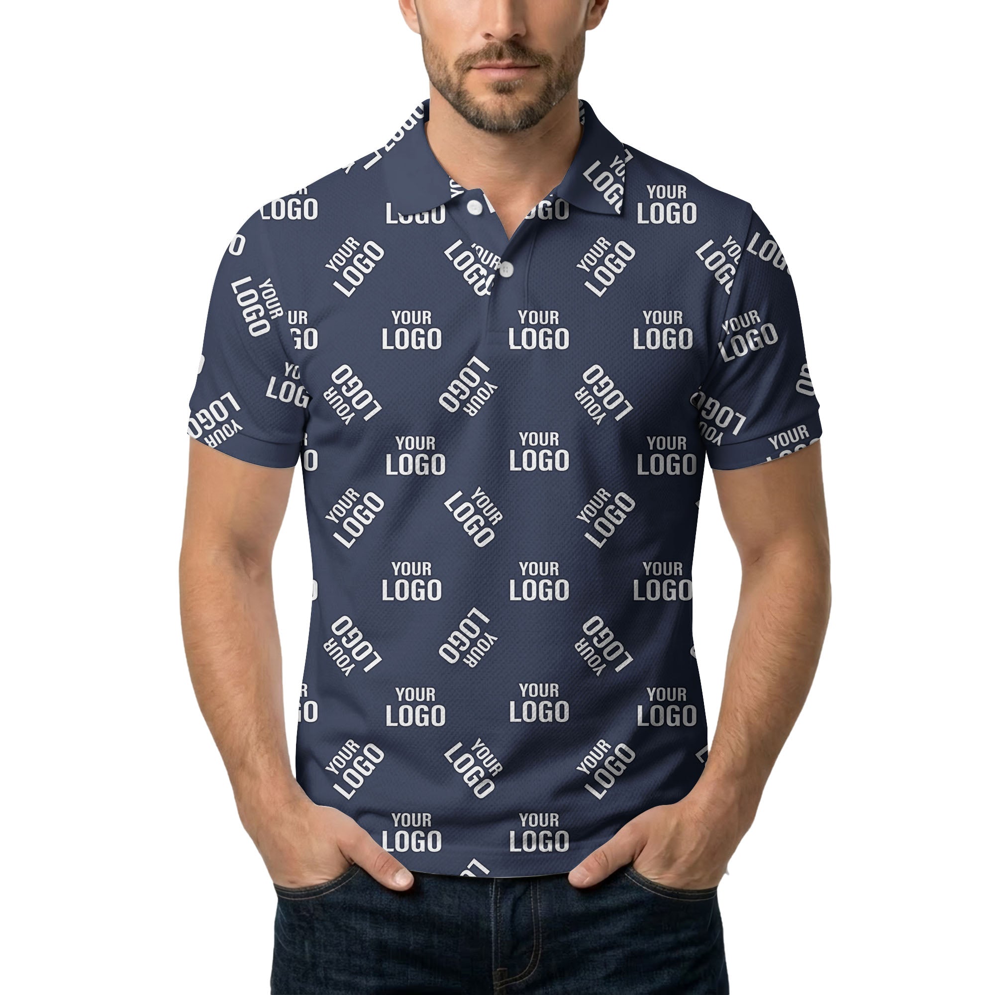 custom logo repeating text navy white hawaiian polo shirt for men