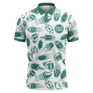 dynamic footballs & speed lines graphic black white sports polo shirt