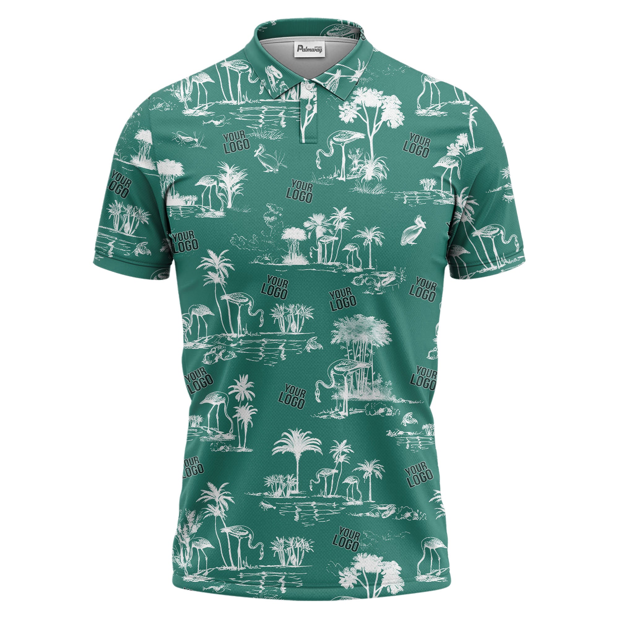 flamingo oasis palm trees sketch pattern black white polo shirt for men