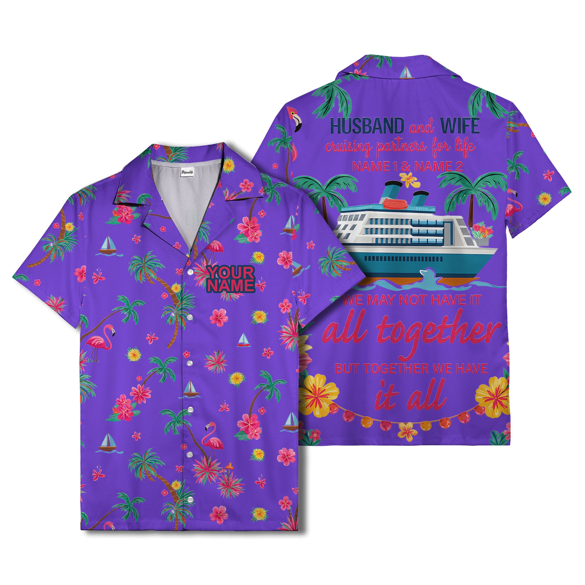 flamingo sailboat hibiscus palm watercolor hawaiian shirt