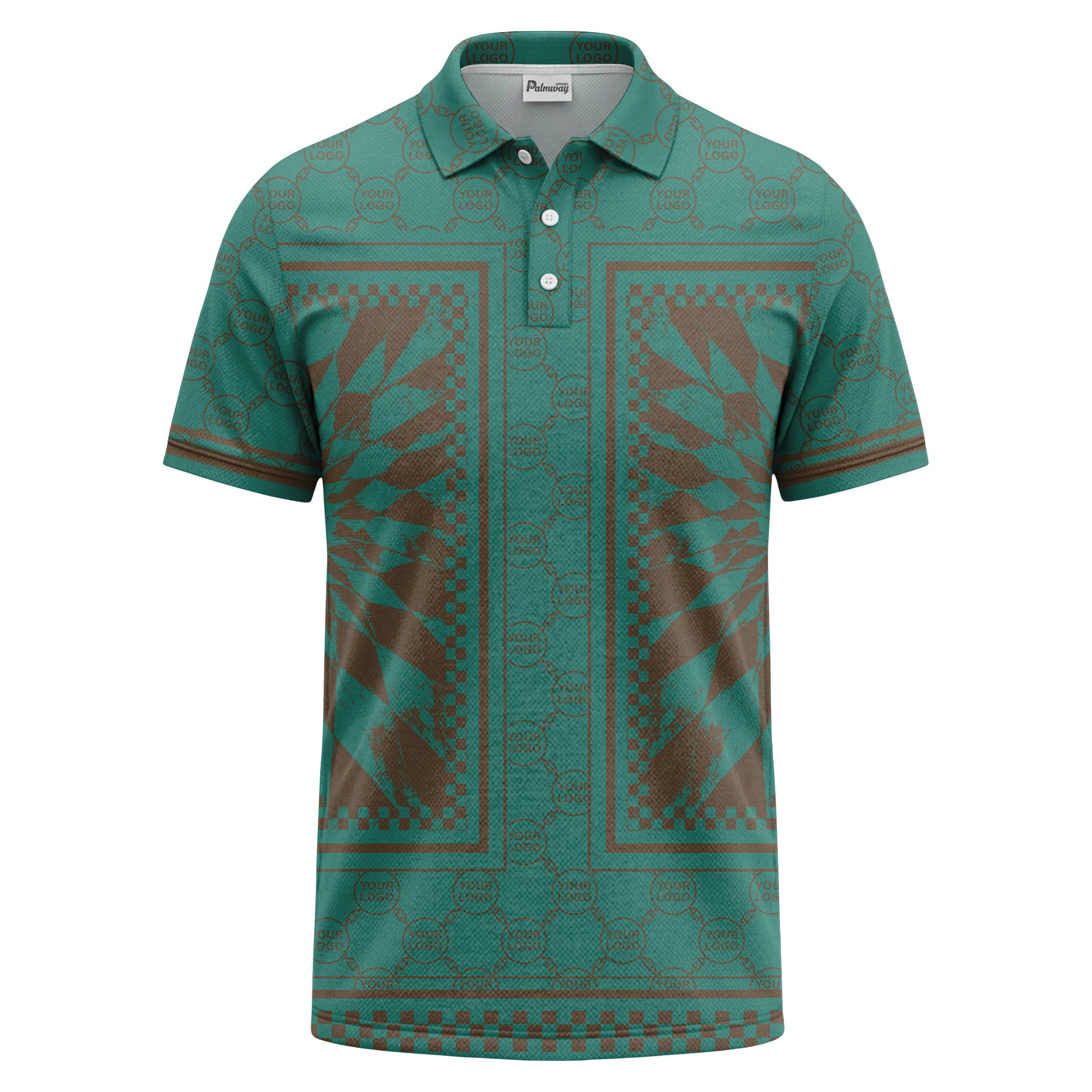 geometric palm leaves checkerboard border polo shirt