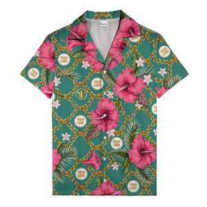 gold chain & pink hibiscus watercolor hawaiian shirt for men