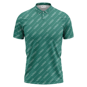 gold custom logo repeat pattern on black luxury minimalist polo shirt