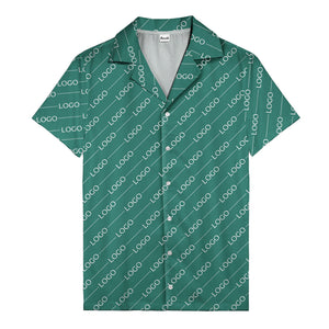 gold diagonal logo repeat pattern on black hawaiian shirt for men