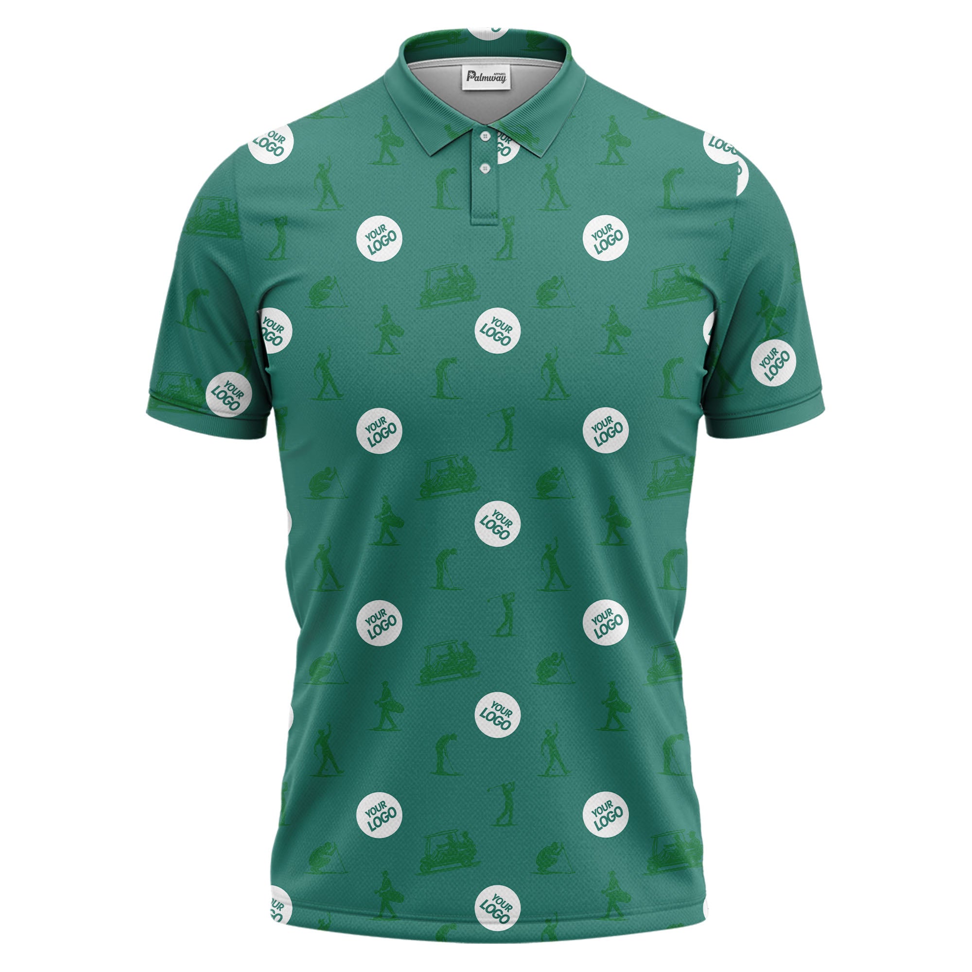 illustrated golfers golf carts repeating on green polo shirt for weekend fairway fun
